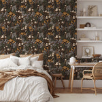 Midnight Wildflower floral wallpaper creating a cozy, moody bedroom backdrop