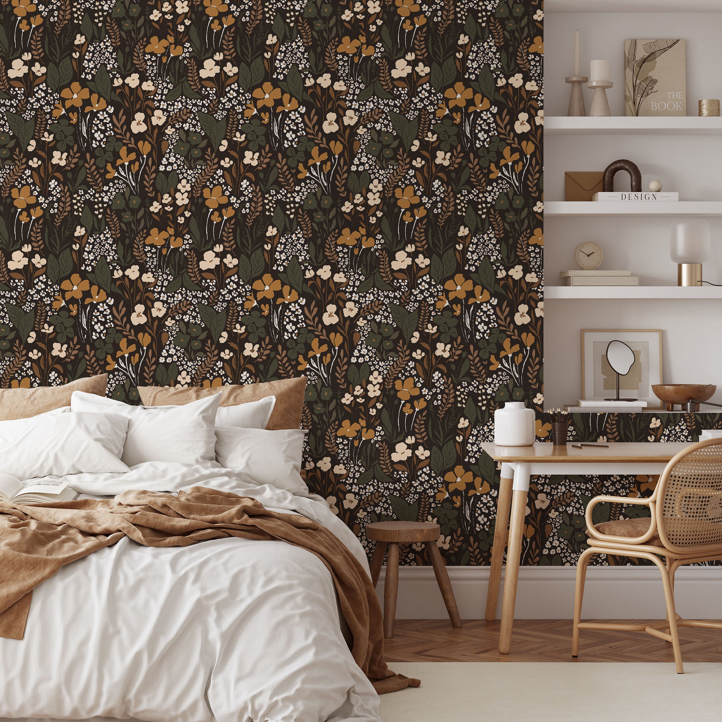 Midnight Wildflower floral wallpaper creating a cozy, moody bedroom backdrop