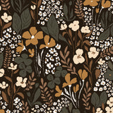 Floral pattern with brown, green, and white flowers on a dark background