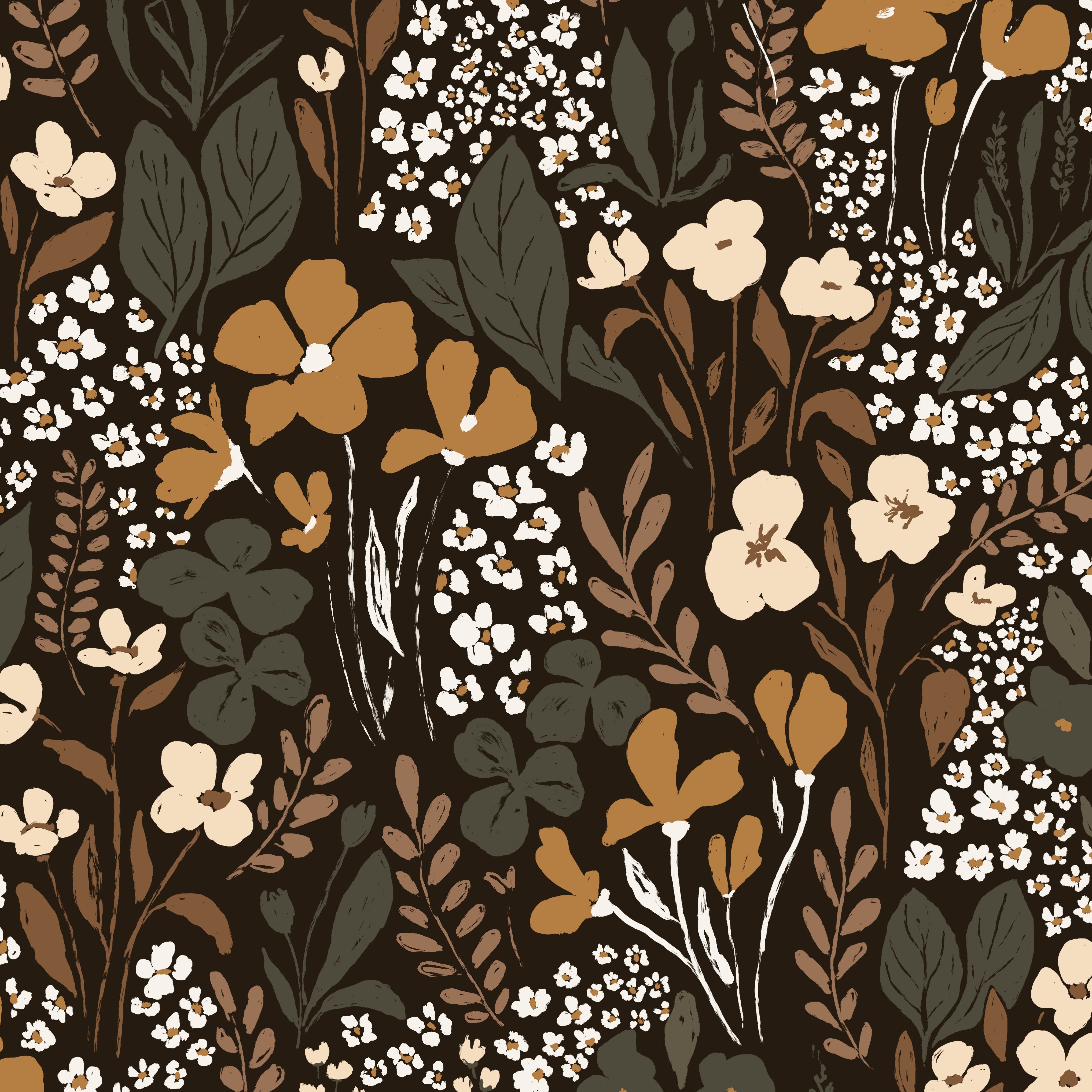 Floral pattern with brown, green, and white flowers on a dark background