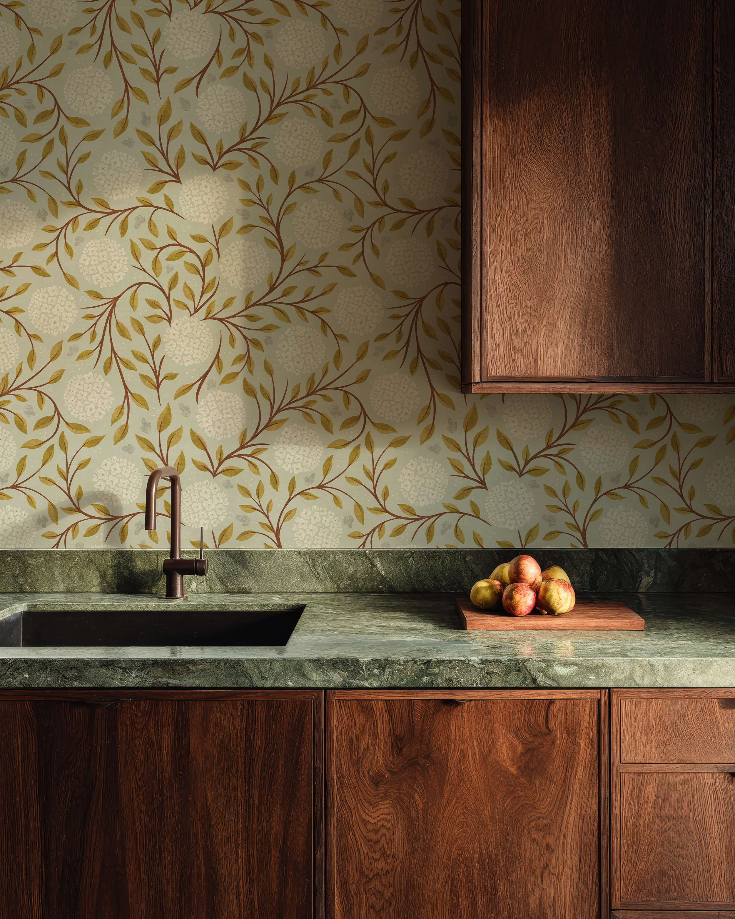 Mint Thicket Peel and Stick Kitchen Wallpaper with botanical vine pattern and soft green floral design