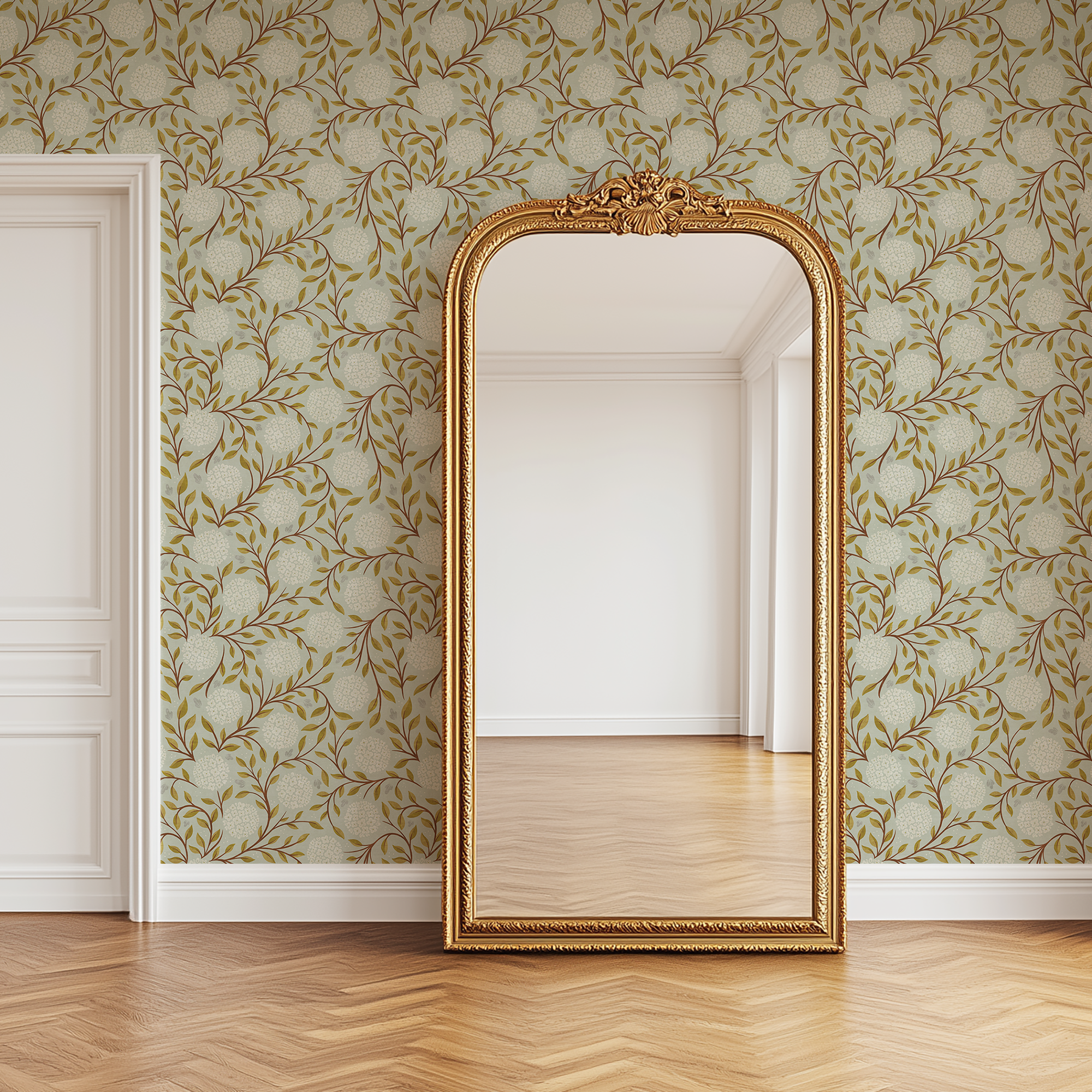 Mint Thicket Wallpaper in elegant room with gold mirror and vintage mint botanical wallpaper