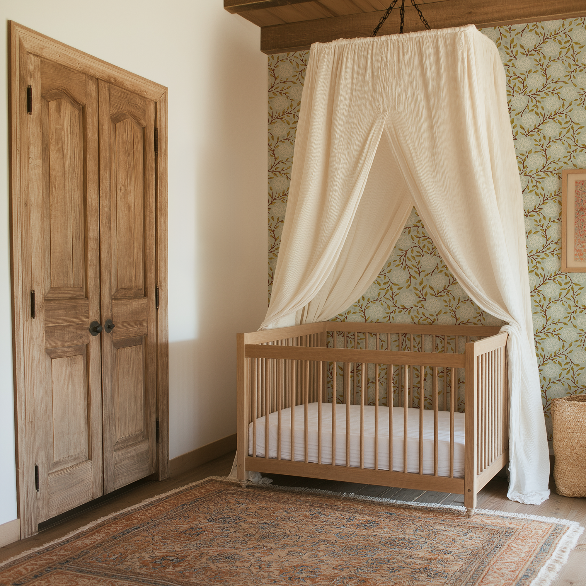 Mint Thicket Wallpaper in nursery with canopy crib and vintage mint green botanical wallpaper