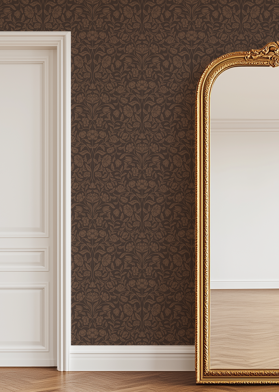 Mocha brown floral tapestry wallpaper in a traditional entryway with white trim and ornate gold floor mirror