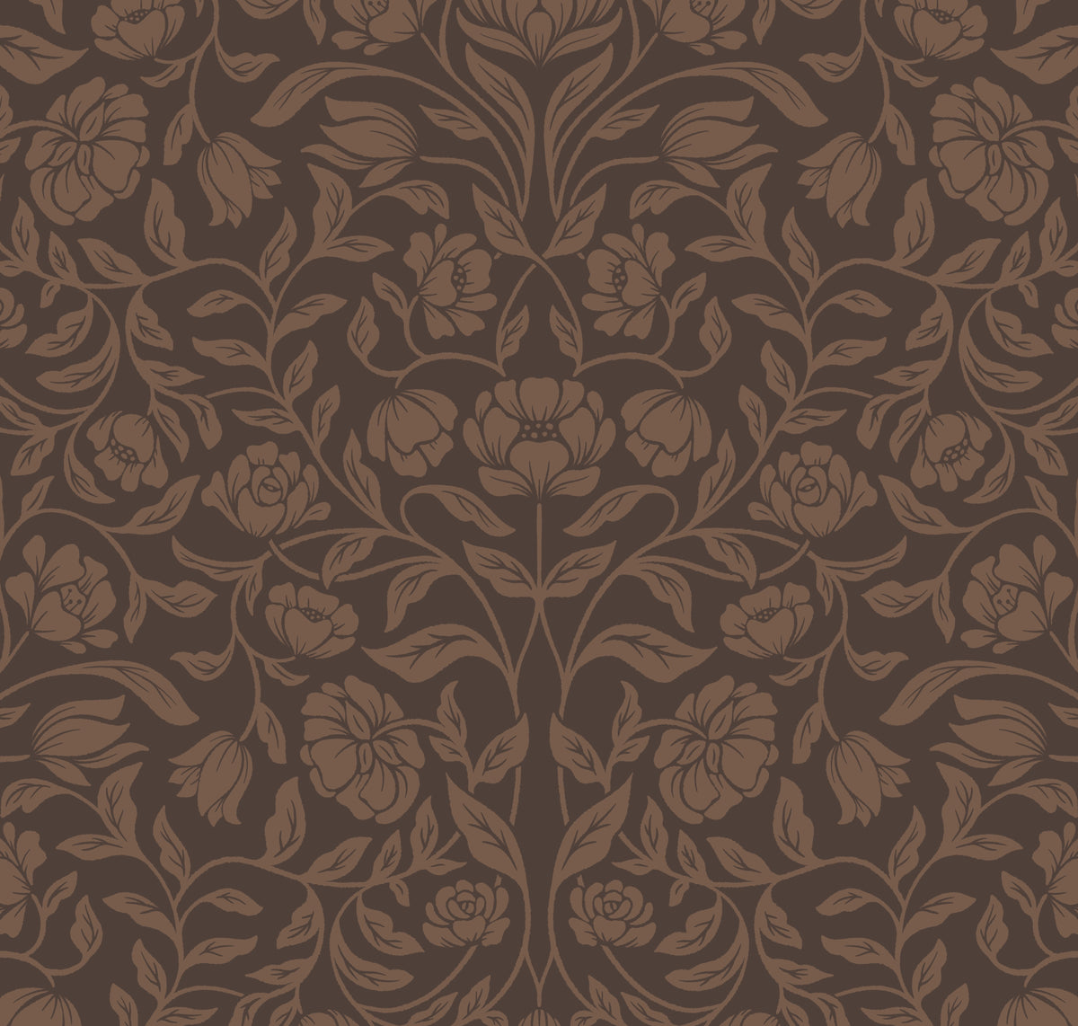 Mocha Tapestry Wallpaper sample featuring an intricate brown floral botanical pattern with vintage Victorian style