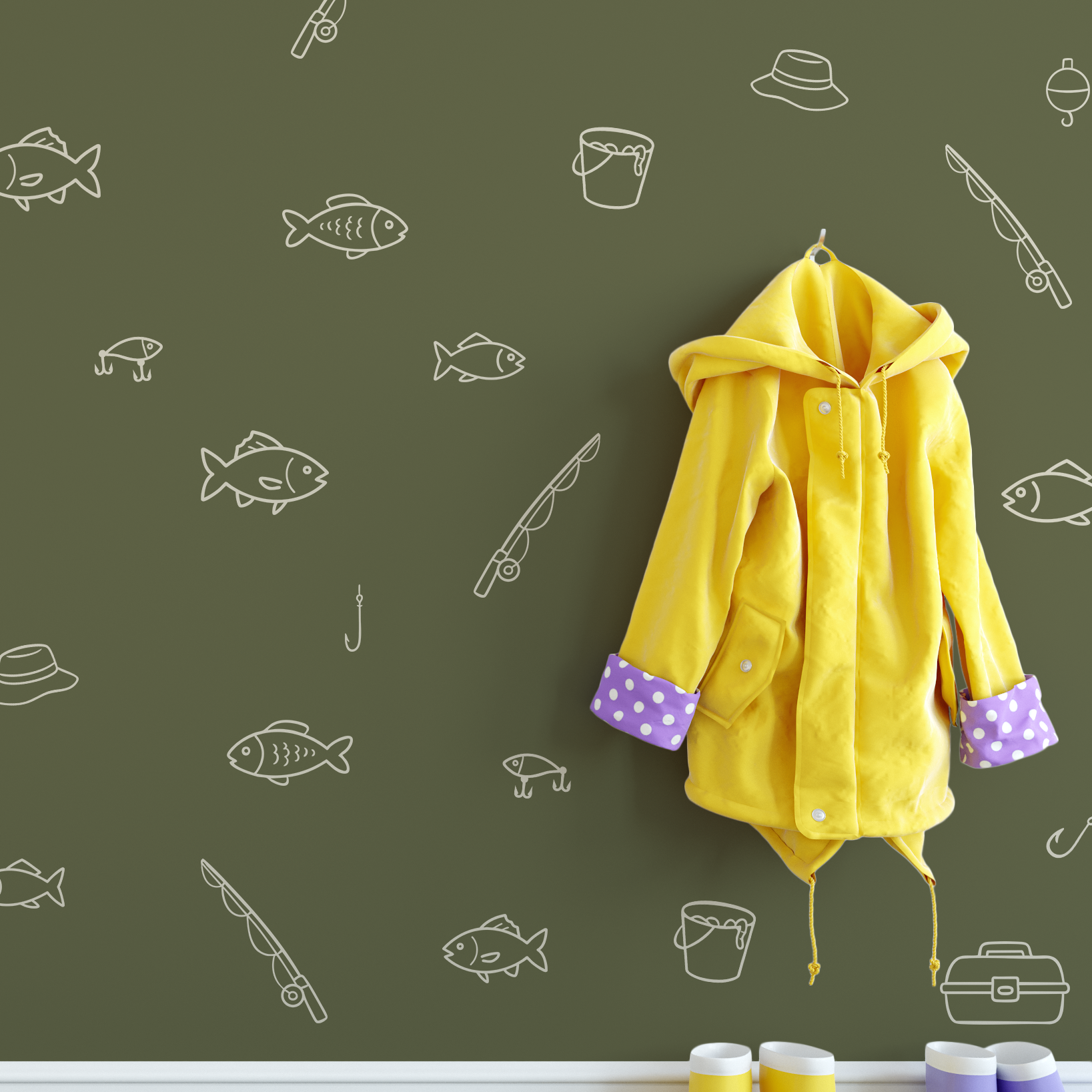 Fishing decals on green wall with yellow raincoat and boots – simple outline fish and fishing gear wall stickers for kids’ mudroom decor.