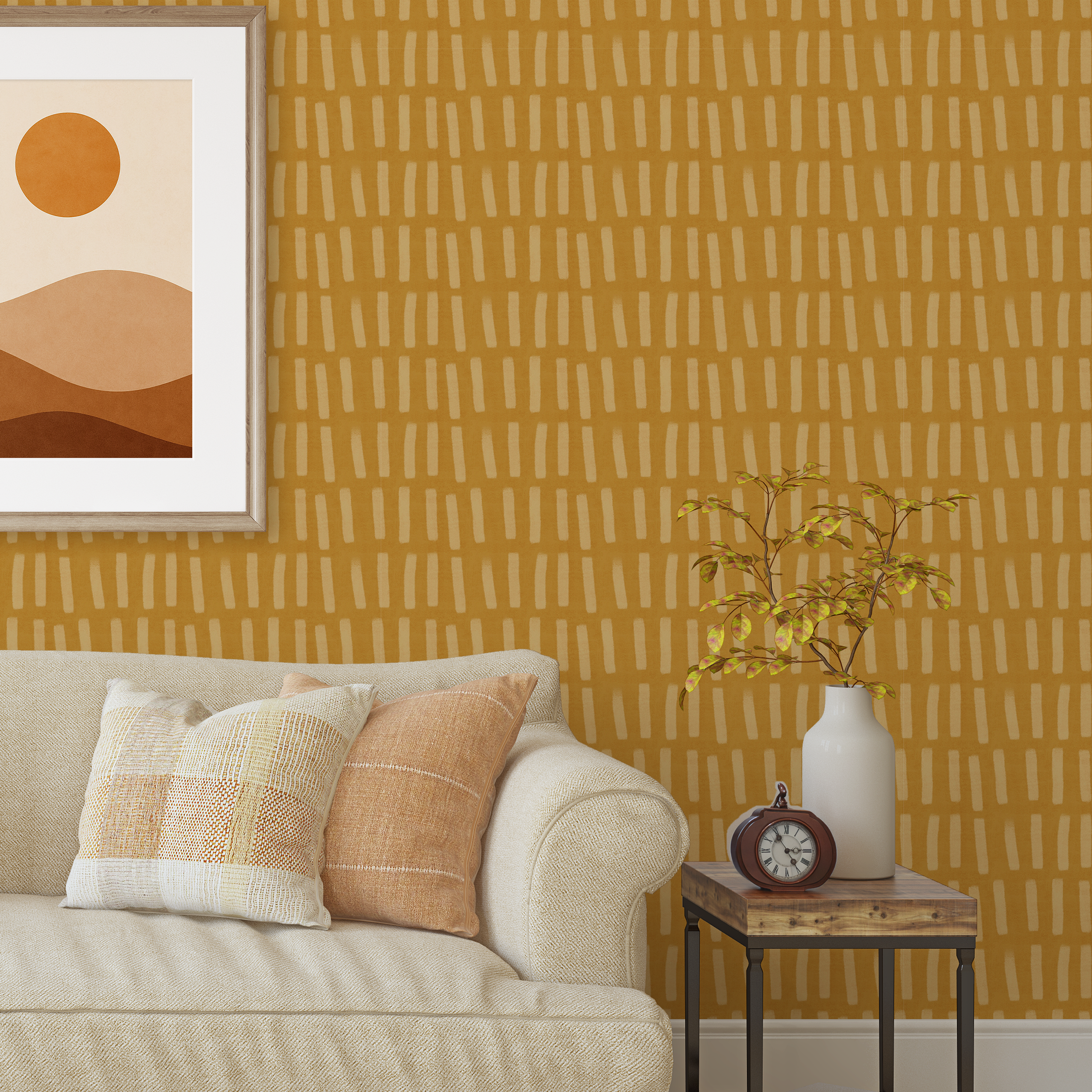 Mustard stripe wallpaper behind a beige sofa with earthy pillows and framed artwork in a cozy living room