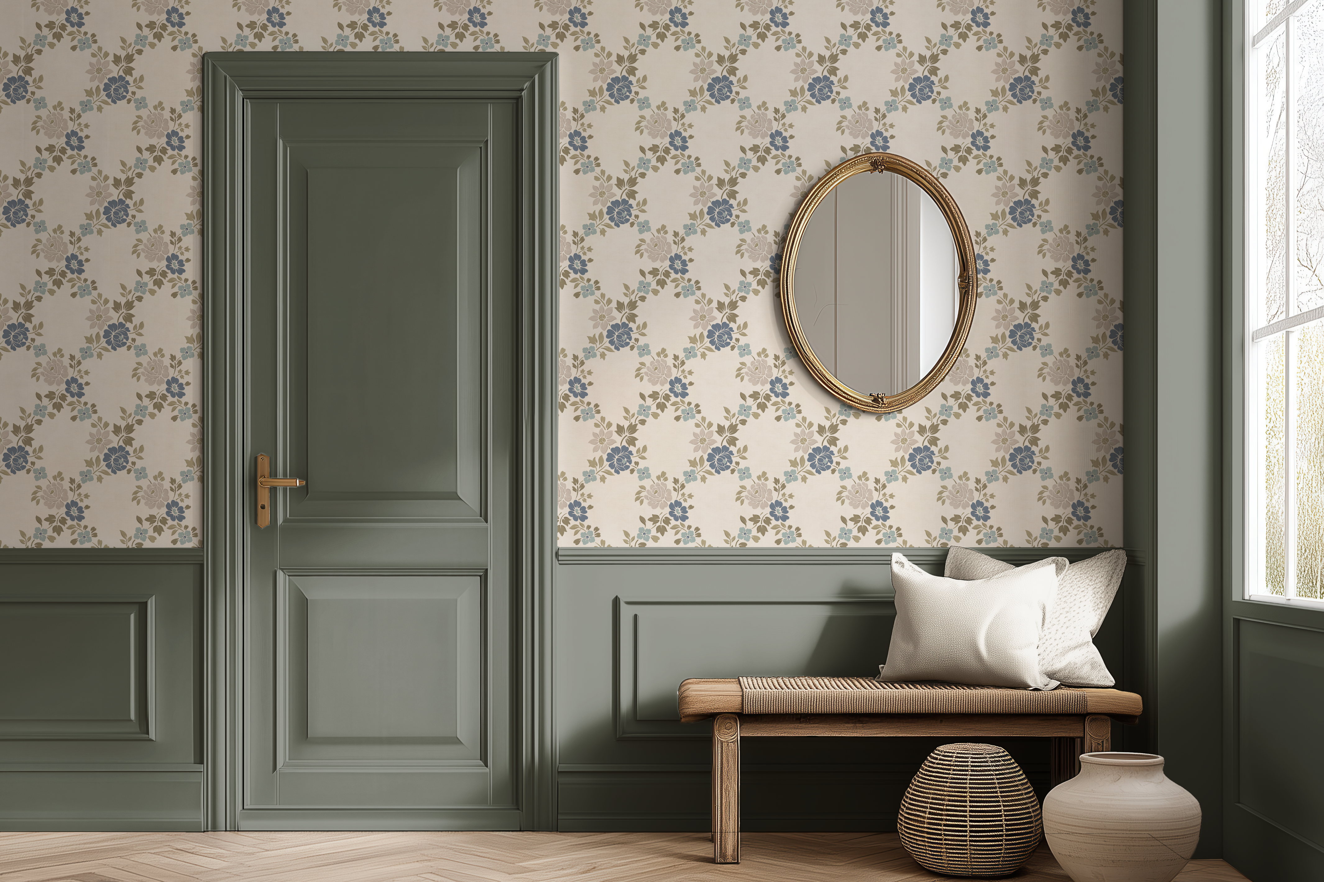 Entryway with muted blue green floral trellis wallpaper, sage green paneling, antique brass mirror and traditional farmhouse styling.