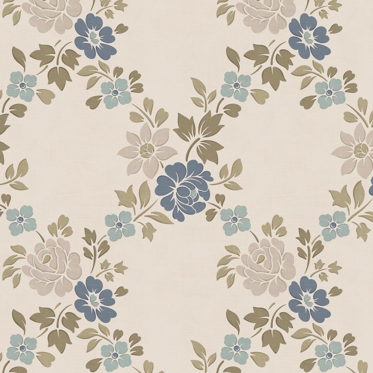 Close-up of blue green trellis floral wallpaper showing vintage floral motif, soft cream background and delicate botanical details.