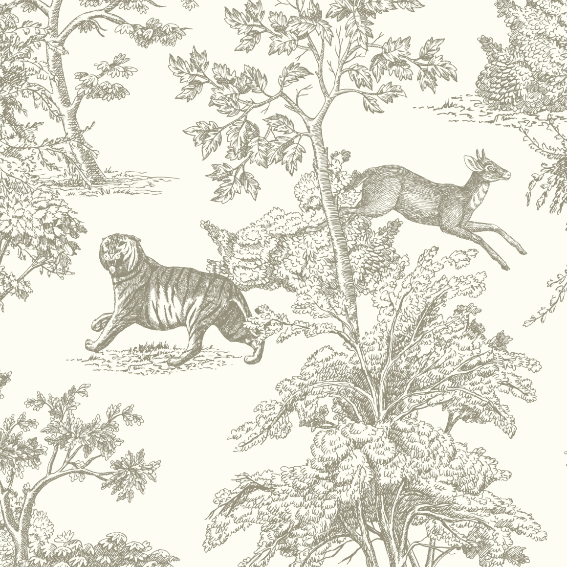 Detailed close-up of taupe safari toile wallpaper with wildlife and tree illustration pattern