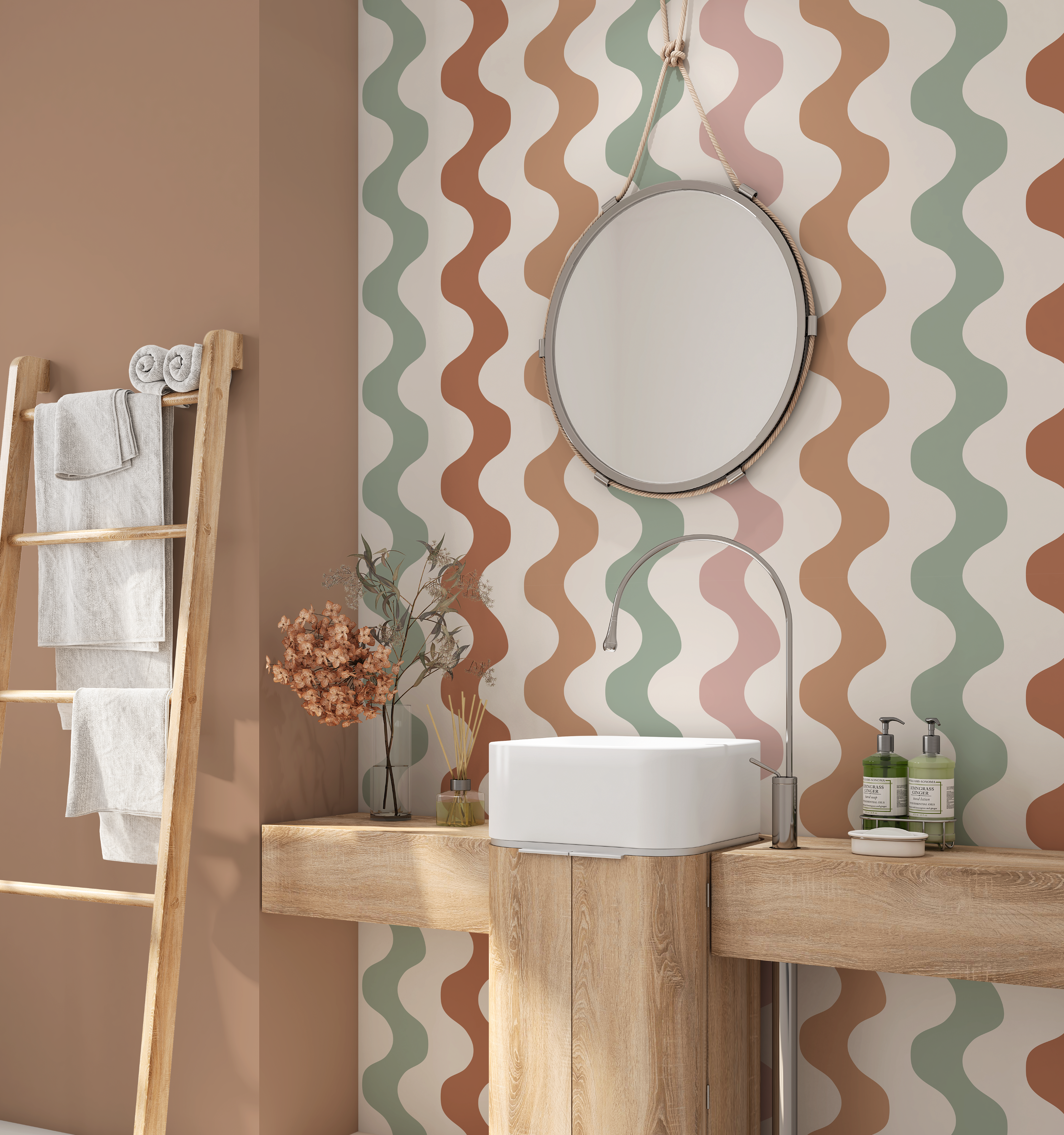 Retro wavy stripe wallpaper in muted earth tones installed in a modern bathroom with wood vanity