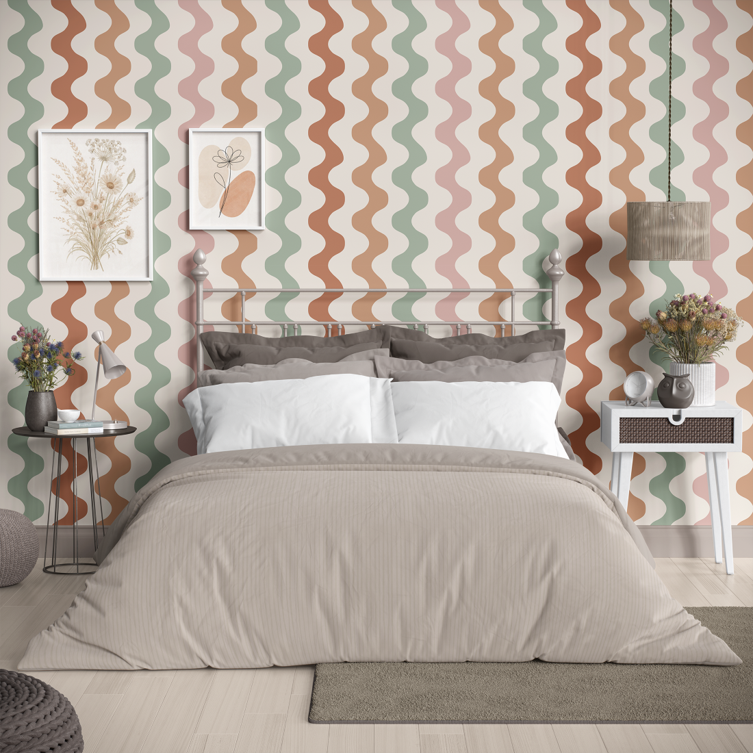 Retro waves wallpaper with soft green, blush, tan, and terracotta wavy stripes styled in a neutral modern bedroom