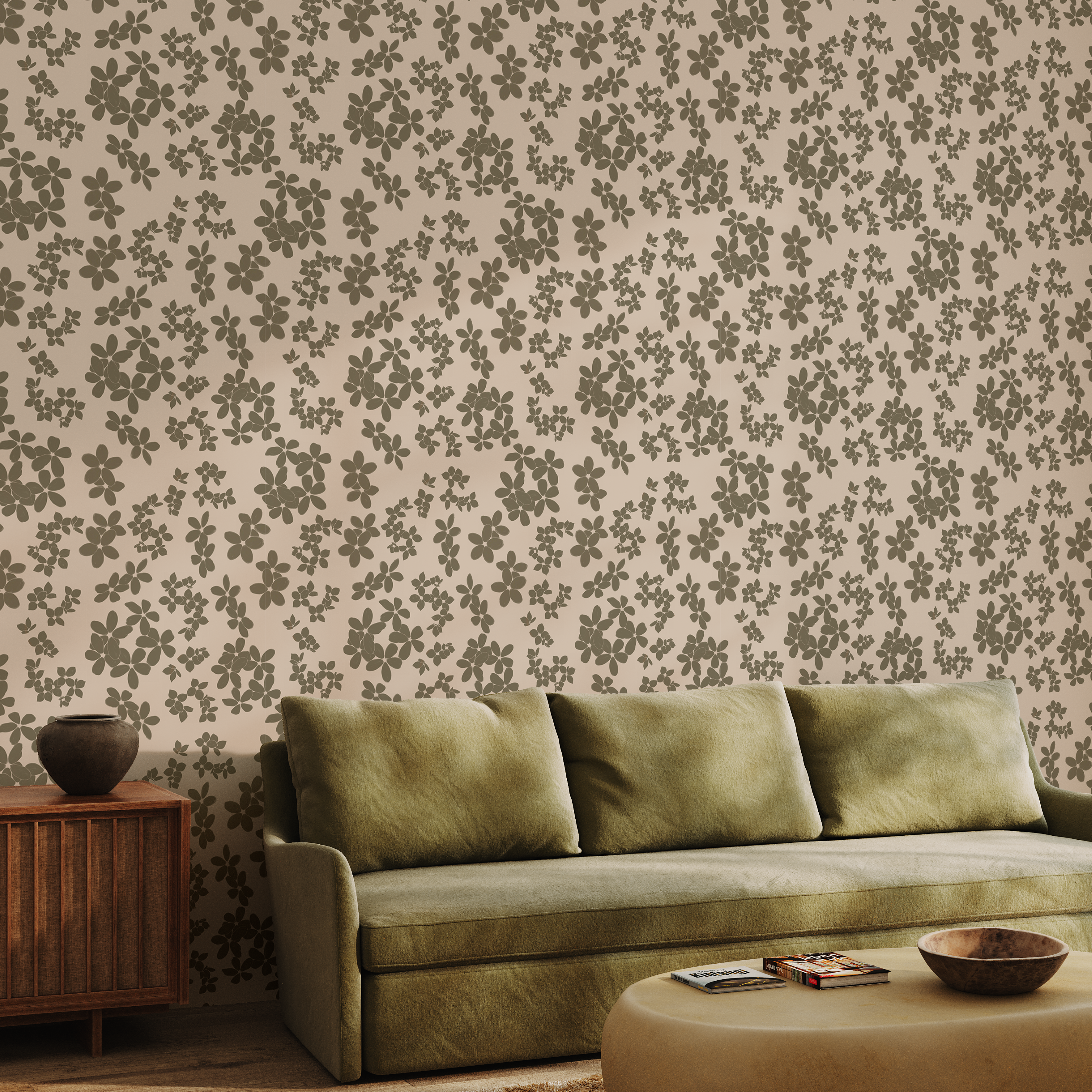 Earthy brush stroke floral wallpaper styled in a living room with green sofa and natural wood accents