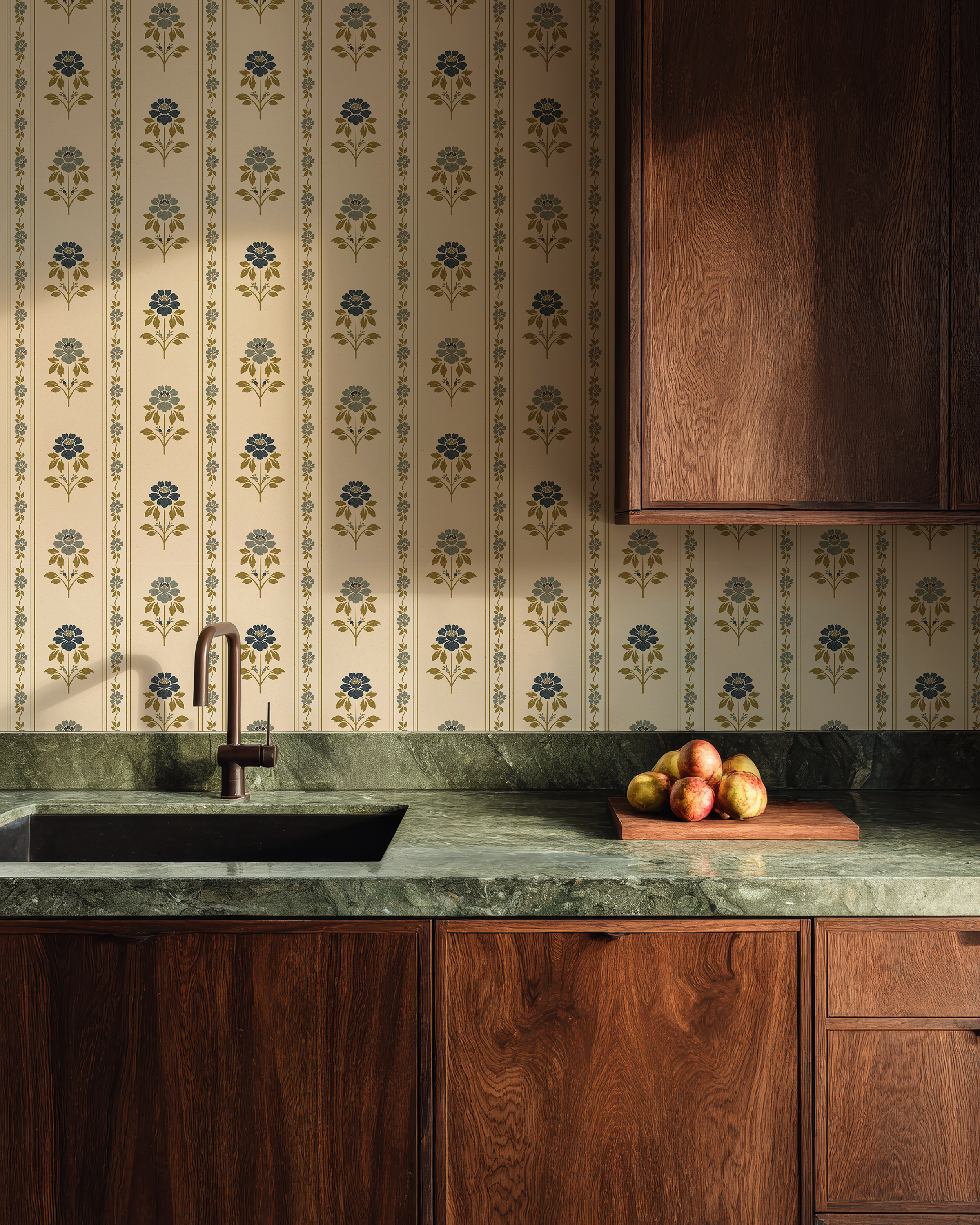 Nordic Bloom Stripe Wallpaper in kitchen with Scandinavian floral stripe wallpaper and blue folk art flowers