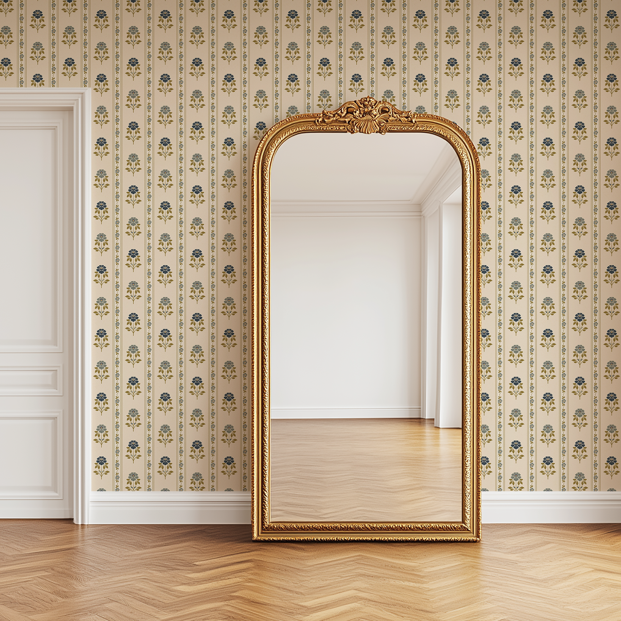 Nordic Bloom Stripe Wallpaper in elegant room with gold mirror and vintage Scandinavian floral stripe pattern