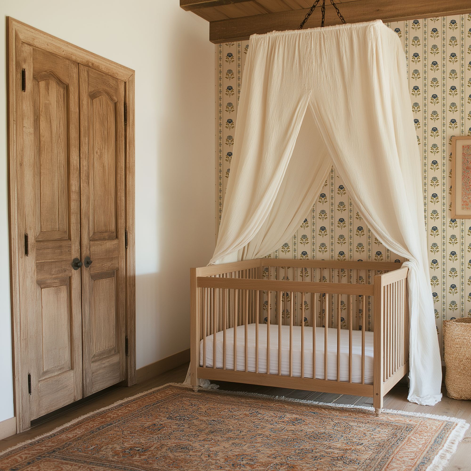 Nordic Bloom Stripe Wallpaper in nursery with canopy crib and Nordic folk floral stripe wallpaper