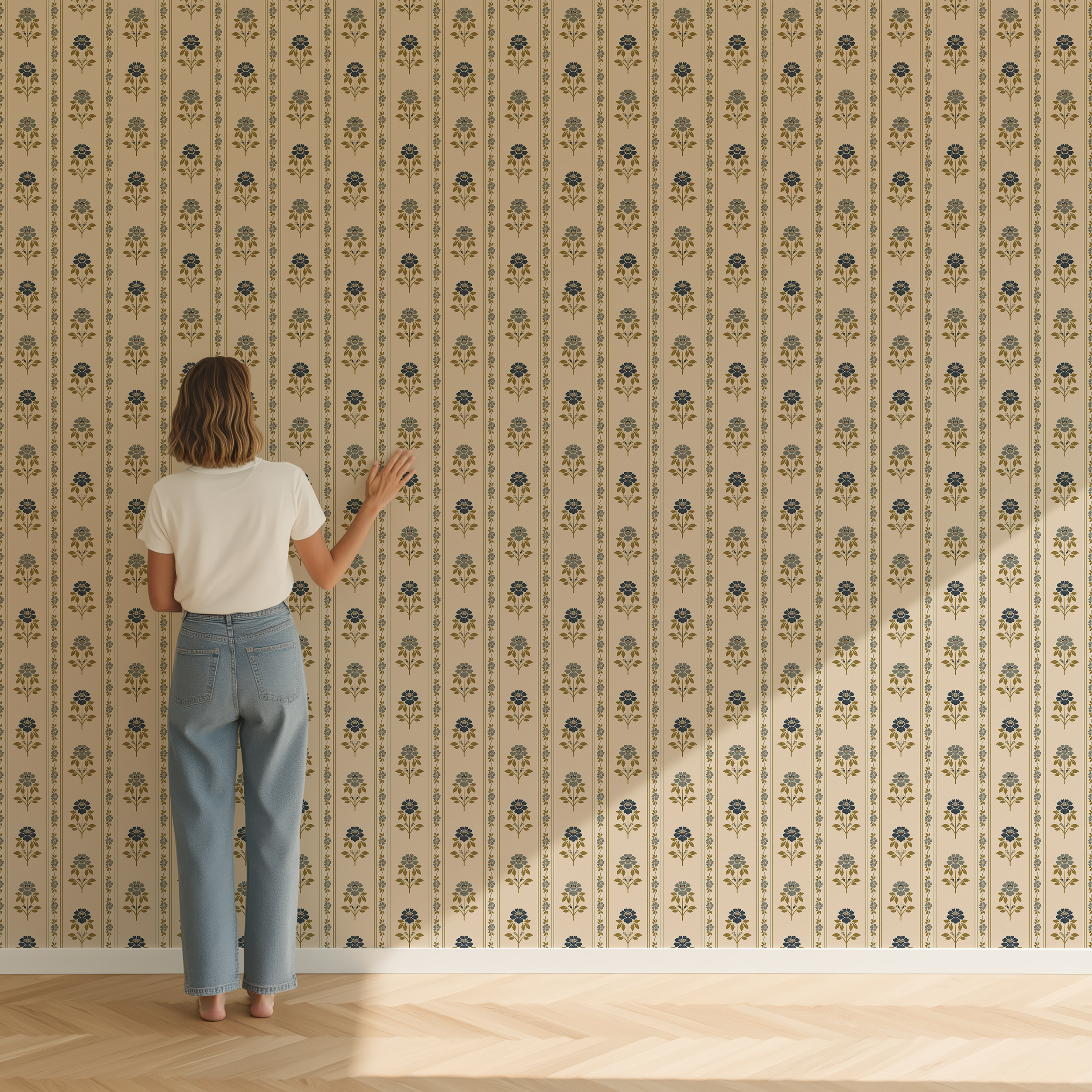 Nordic Bloom Stripe Wallpaper scale view showing Scandinavian floral stripe pattern on cream background
