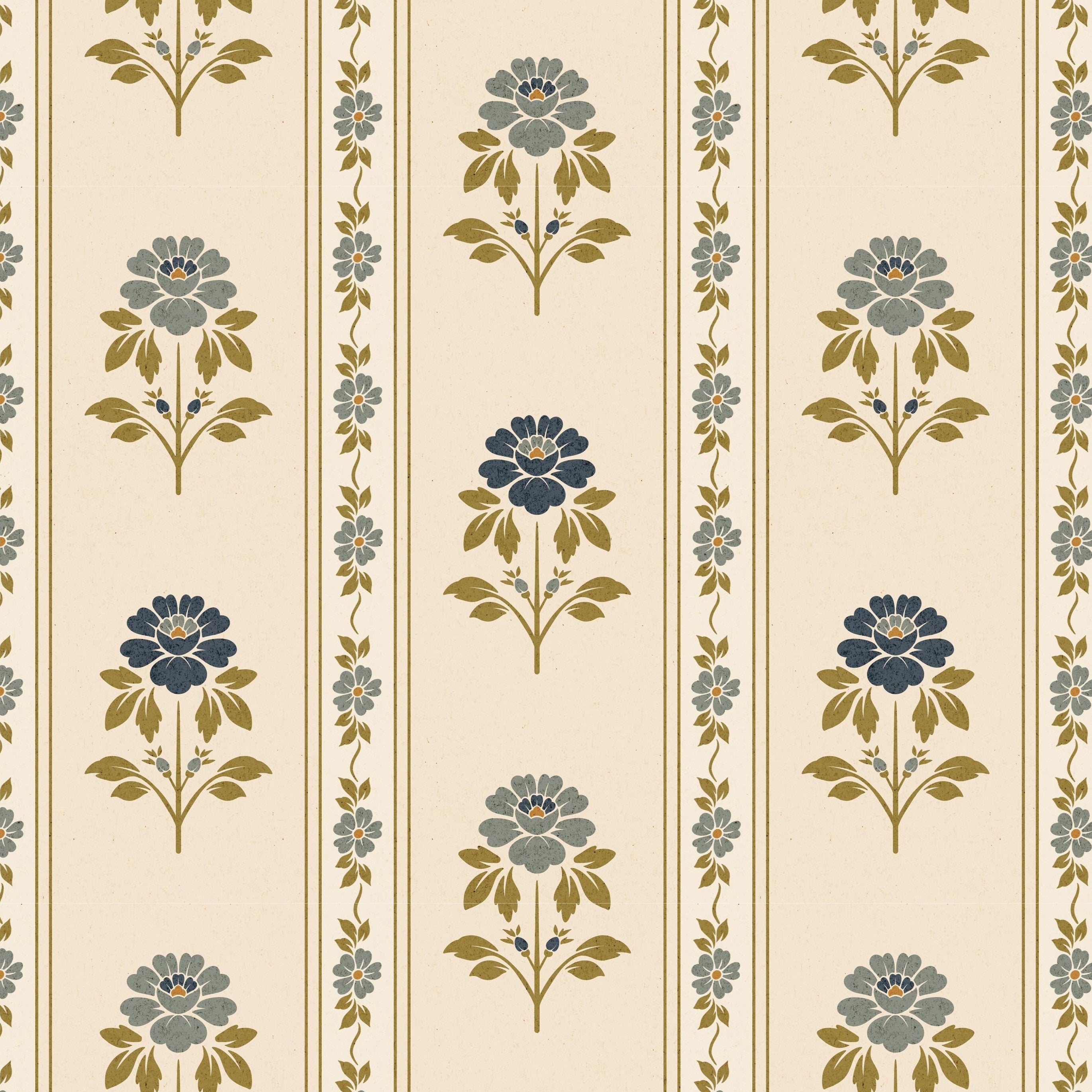 Nordic Bloom Stripe Wallpaper sample featuring blue folk art flowers, olive leaves, and vintage stripe design