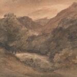 Antique landscape mural wallpaper with painted mountains and trees in earthy tones