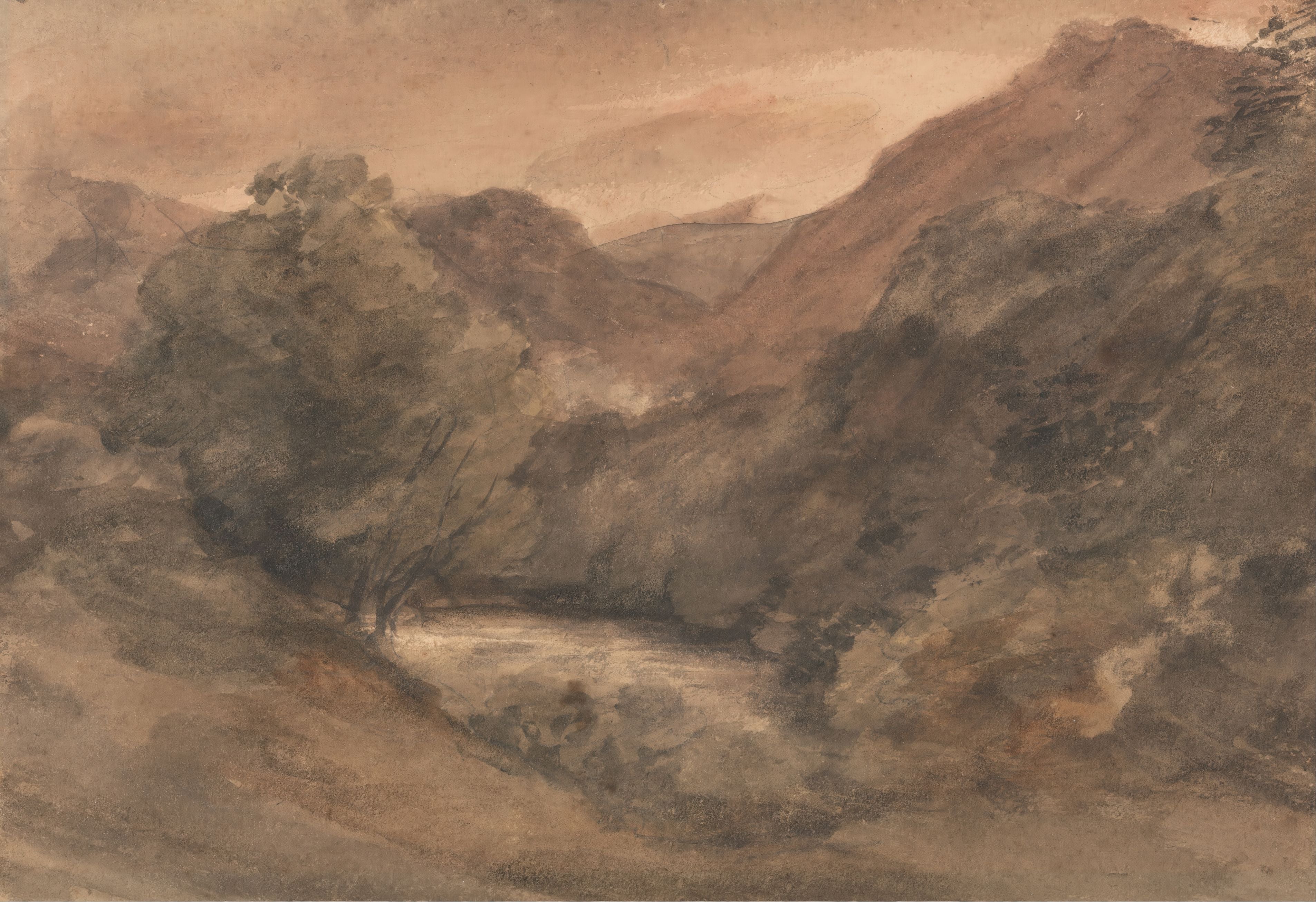 Antique landscape mural wallpaper with painted mountains and trees in earthy tones