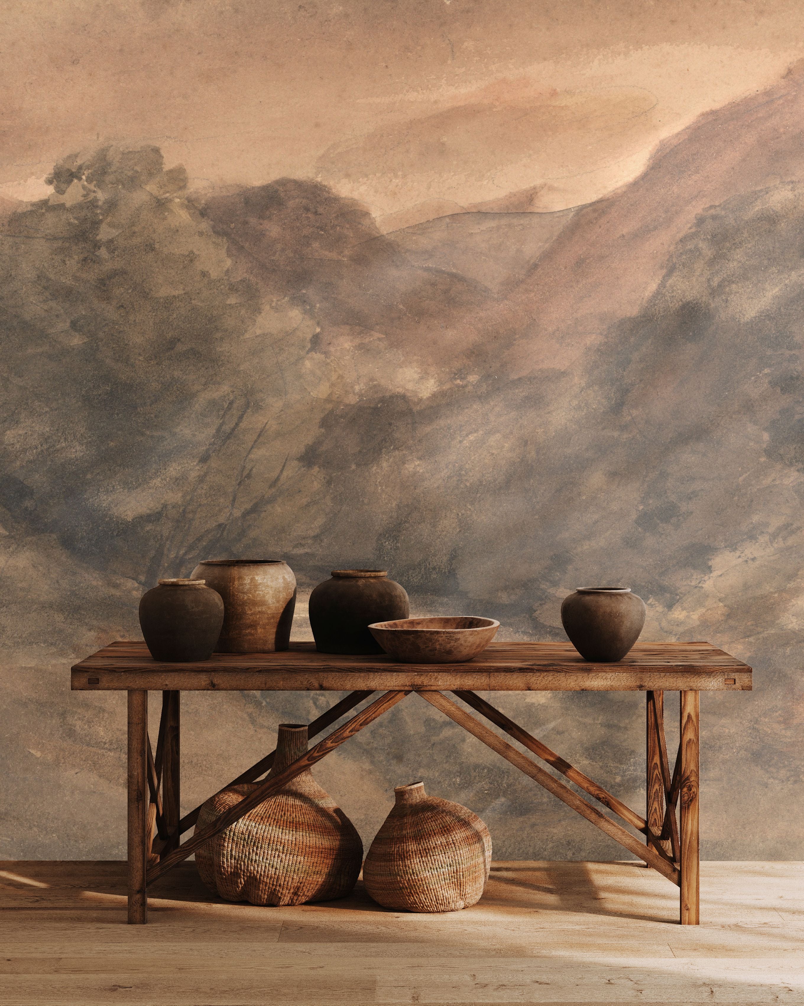 Old world wall mural styled with rustic pottery and wooden console table