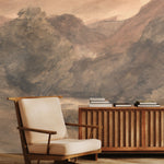 Old world landscape mural with mid-century chair and wooden sideboard