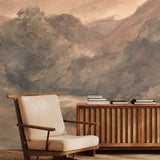 Old world landscape mural with mid-century chair and wooden sideboard