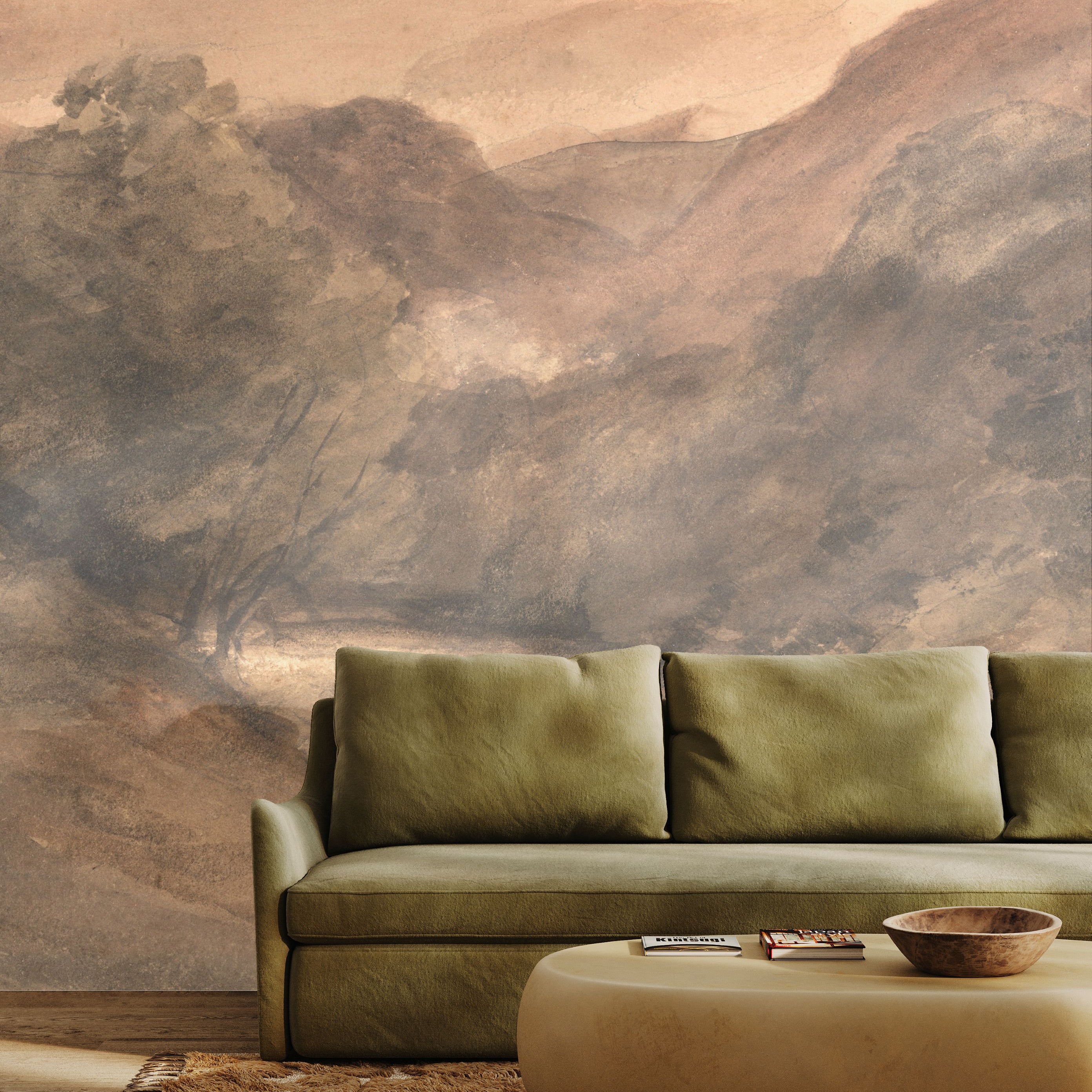 Vintage mural wallpaper behind green sofa and modern rustic decor