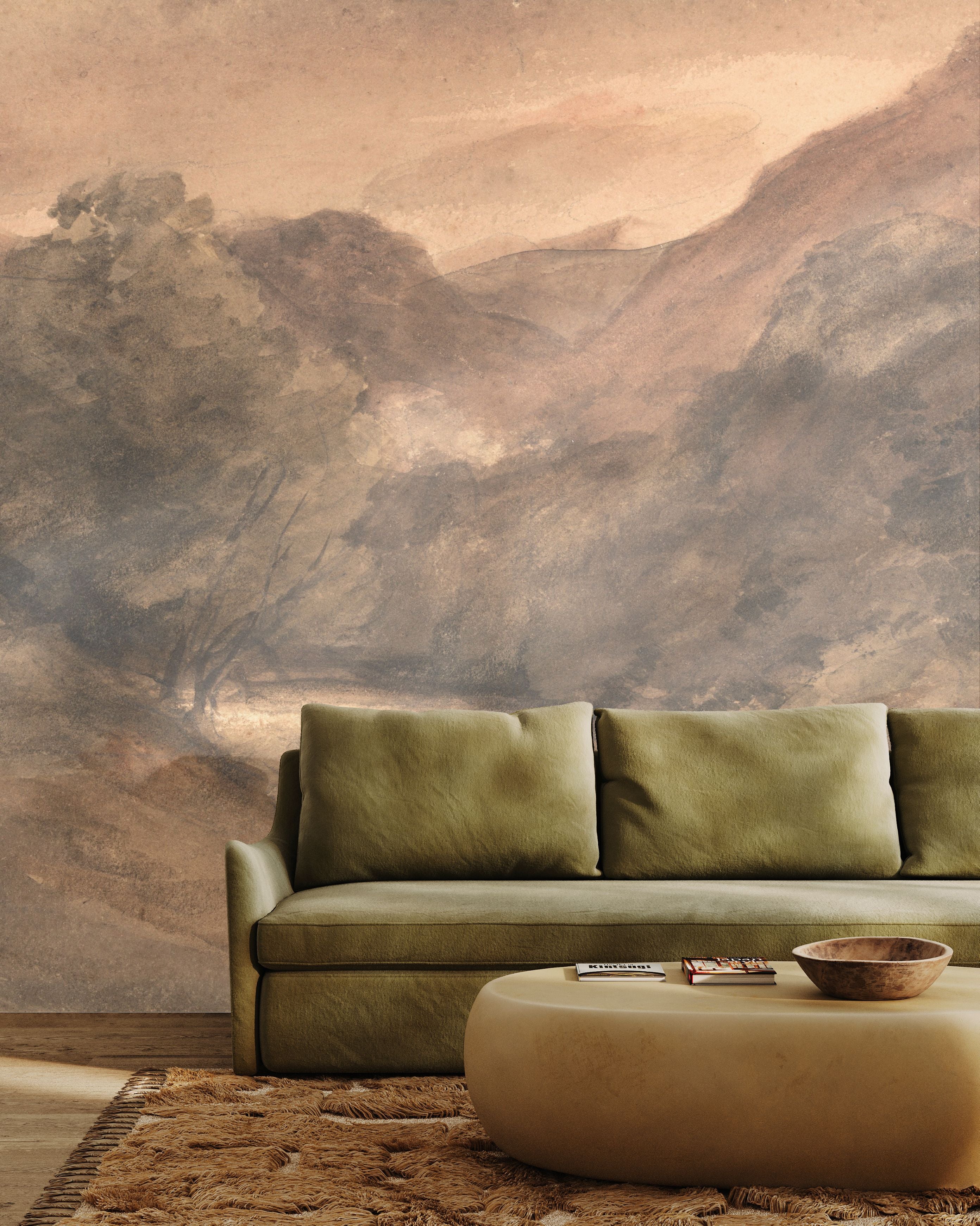 Vintage mural wallpaper behind green sofa and modern rustic decor