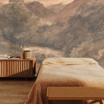 Painted mural wallpaper in earthy brown tones styled in cozy bedroom