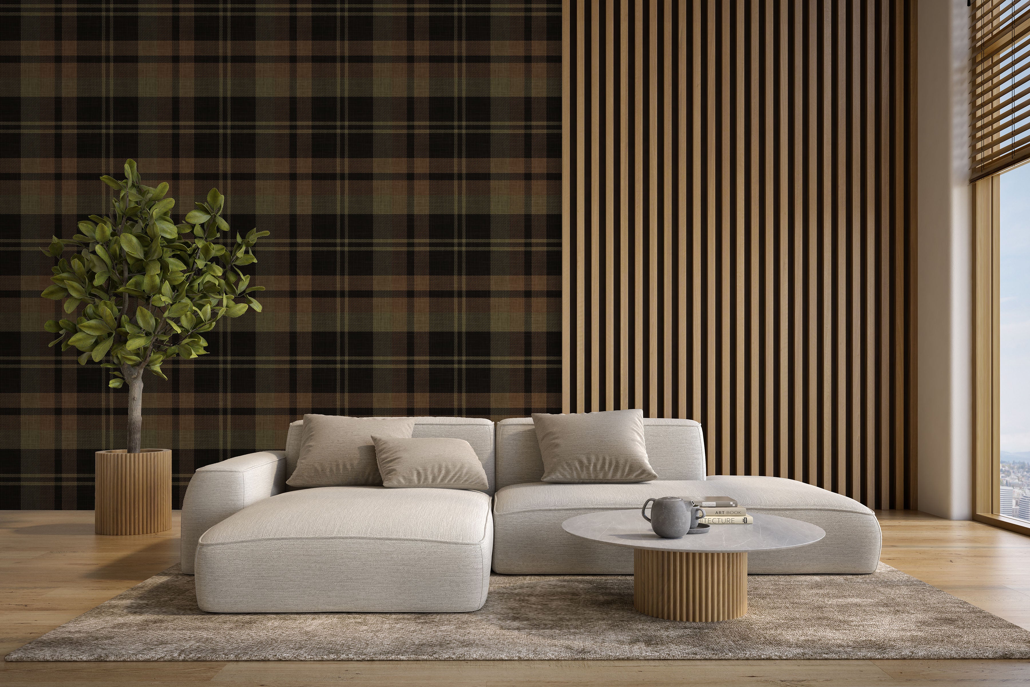 Dark olive and black tartan plaid wallpaper in a modern living room with wood slat accents and neutral furniture.