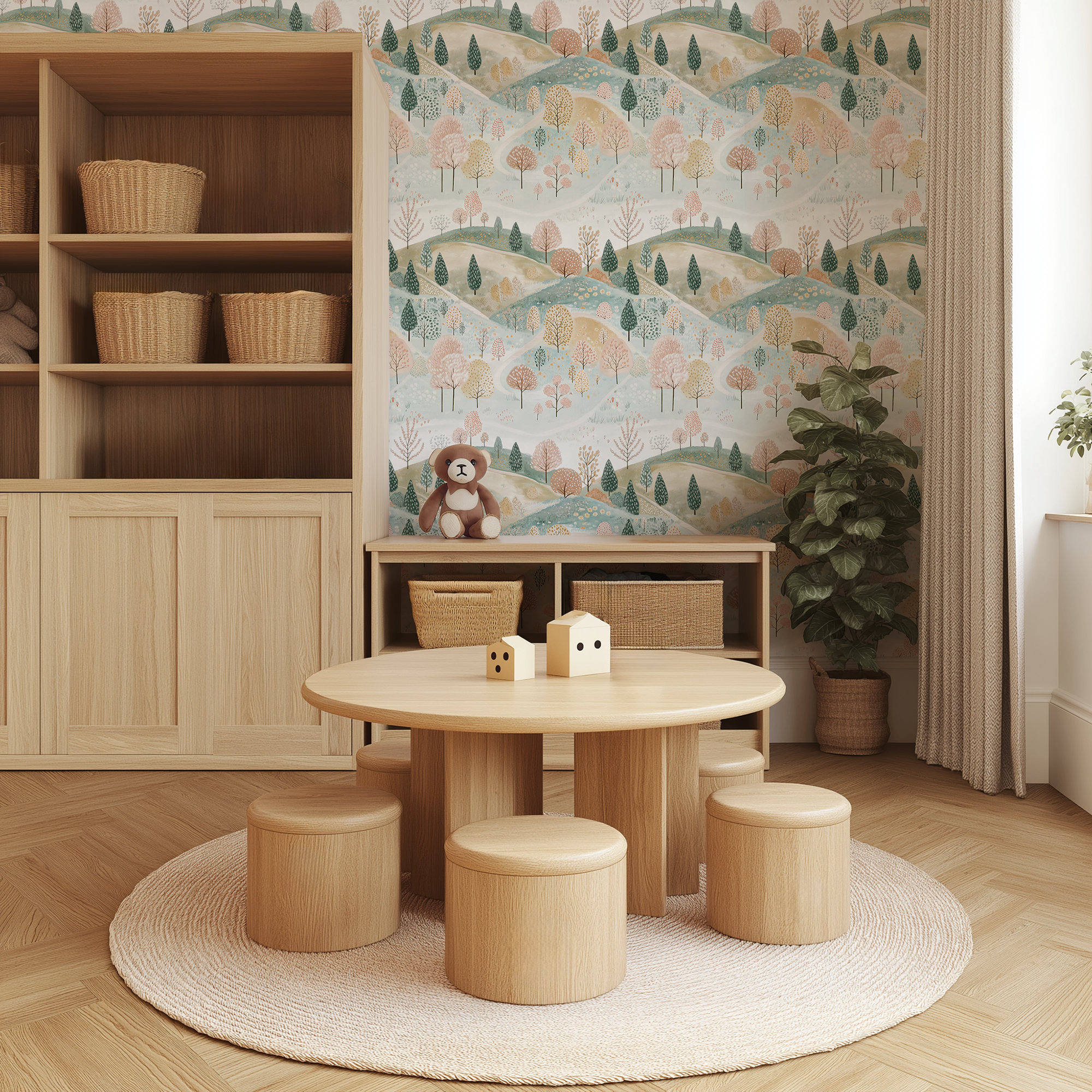 Children's playroom with wooden furniture, table, and stools against a scenic wall mural.