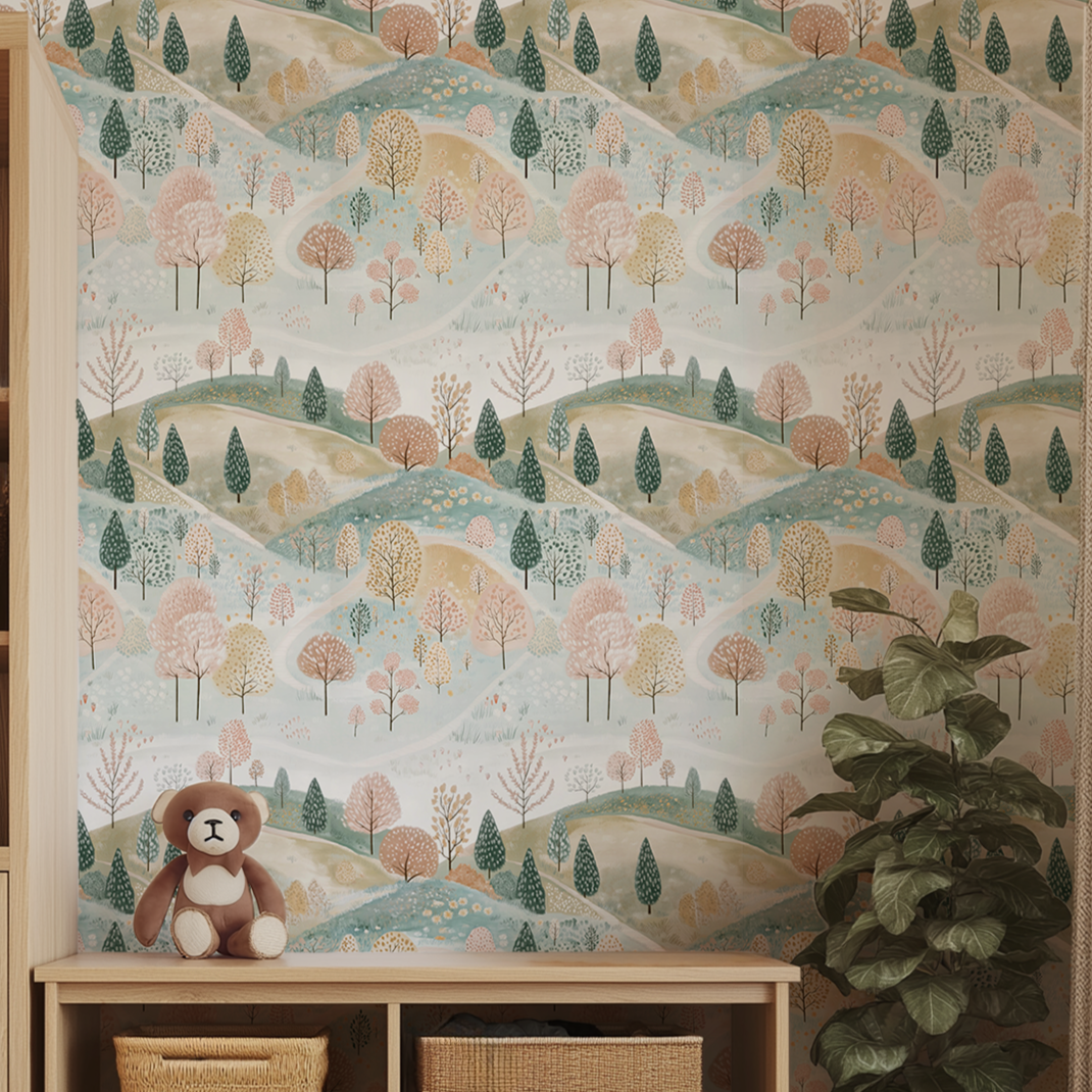Woodland landscape wallpaper installed in a children's playroom with natural wood furniture