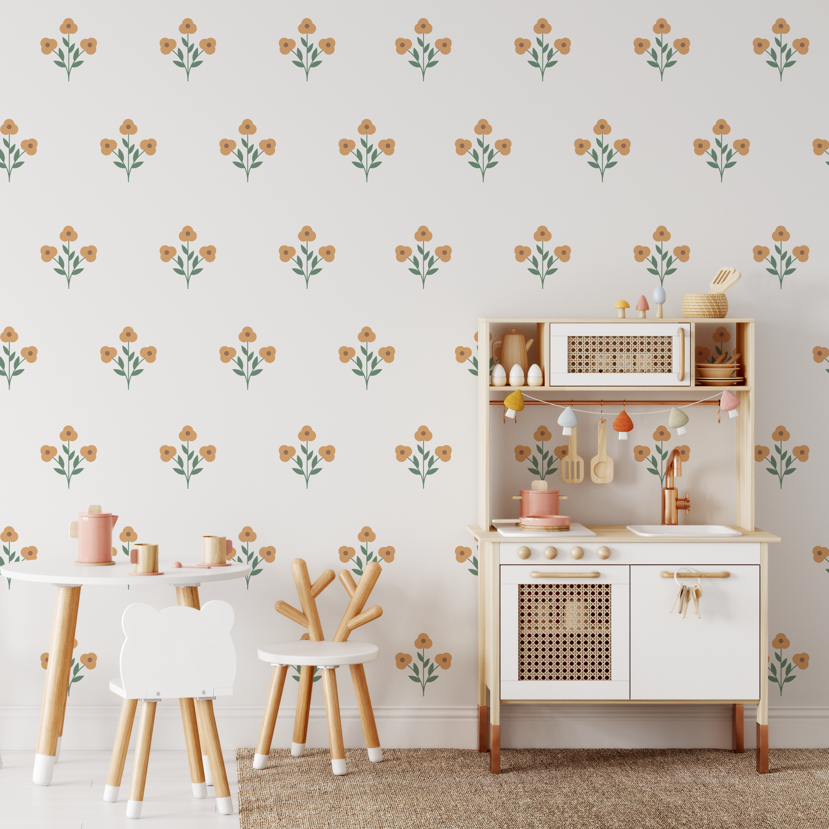 Minimal orange flower wall decals in a kids playroom with wooden toy kitchen and neutral Scandinavian decor