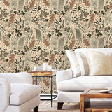 Owl Hollow forest wallpaper with owls, ferns, berries, and woodland botanicals on a warm neutral background