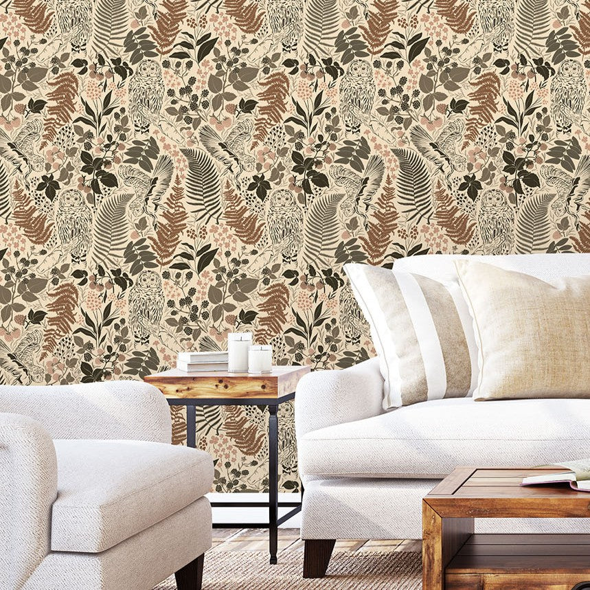 Owl Hollow forest wallpaper with owls, ferns, berries, and woodland botanicals on a warm neutral background