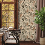 Vintage-inspired owl and botanical wallpaper in a dining space with warm earthy tones