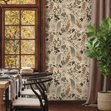 Vintage-inspired owl and botanical wallpaper in a dining space with warm earthy tones