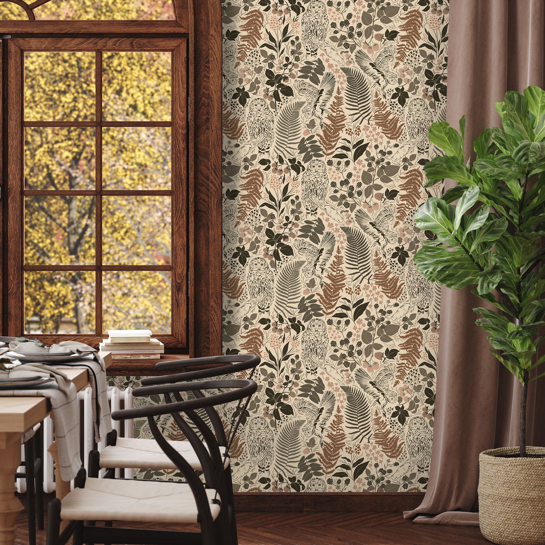 Vintage-inspired owl and botanical wallpaper in a dining space with warm earthy tones