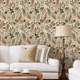 Neutral woodland owl wallpaper styled in a cozy living room with natural wood furniture