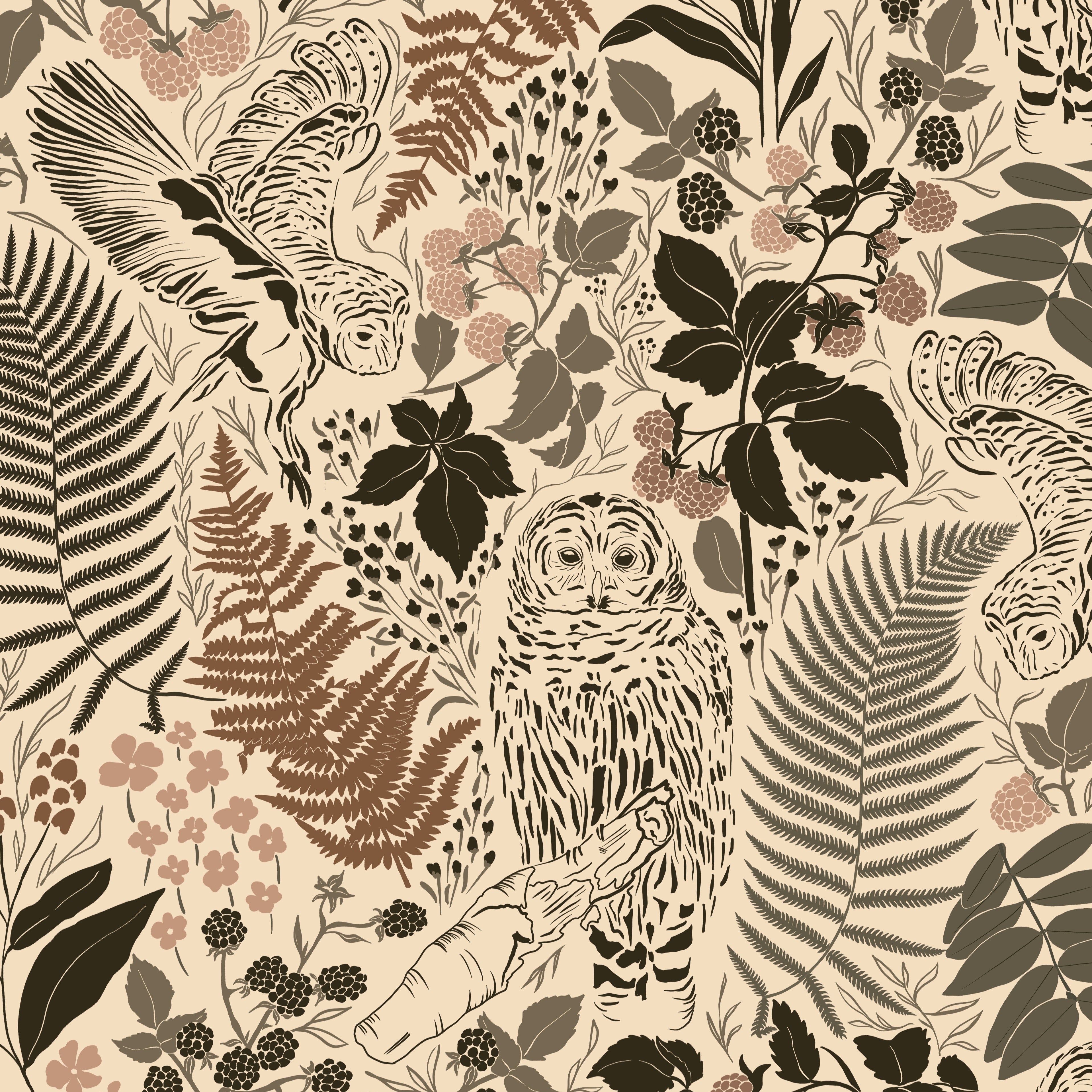 Nature-themed pattern with animals and plants on a beige background