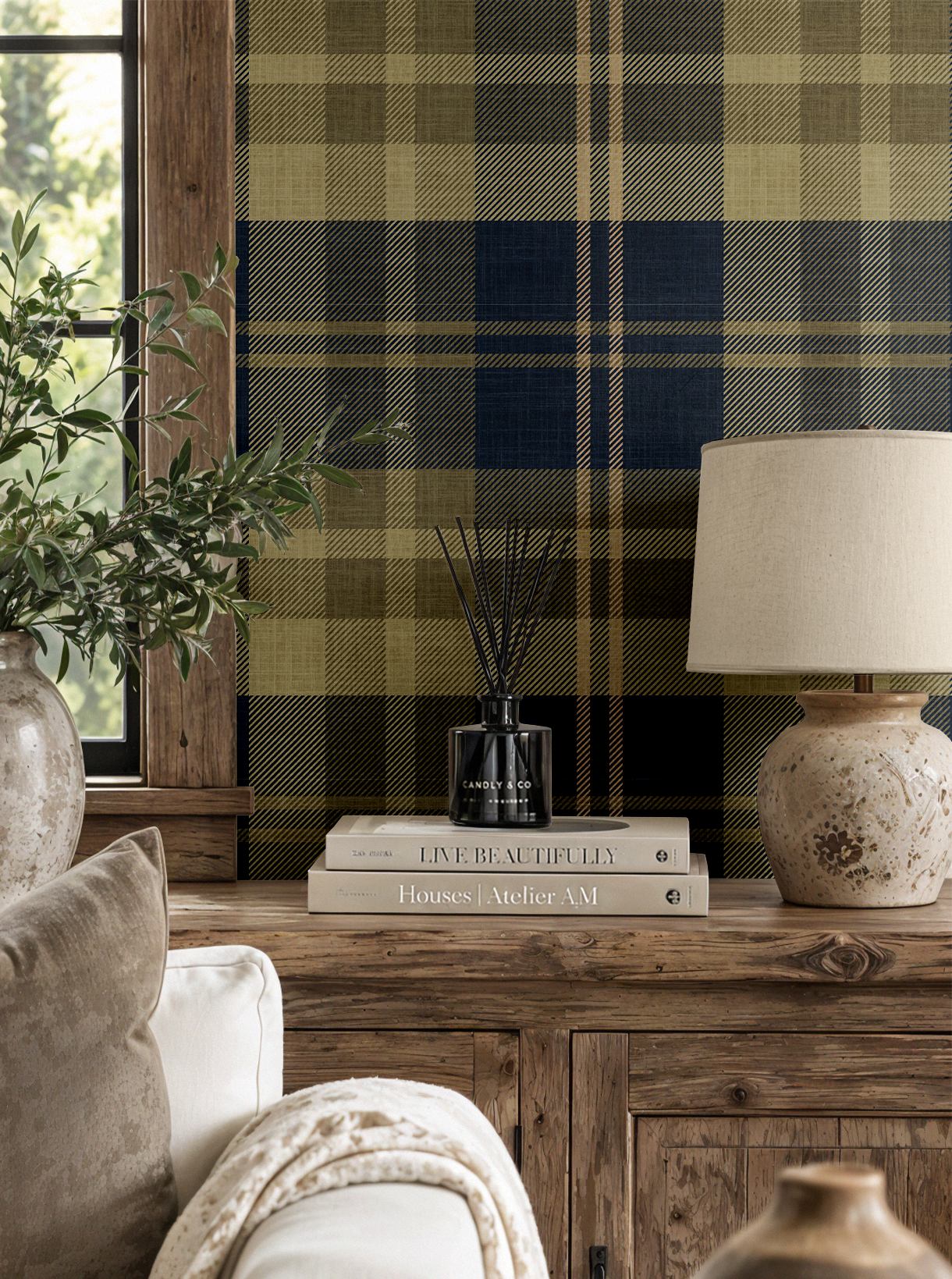 Oxford Plaid green and blue plaid wallpaper in a cozy living room with rustic wood furniture and neutral decor