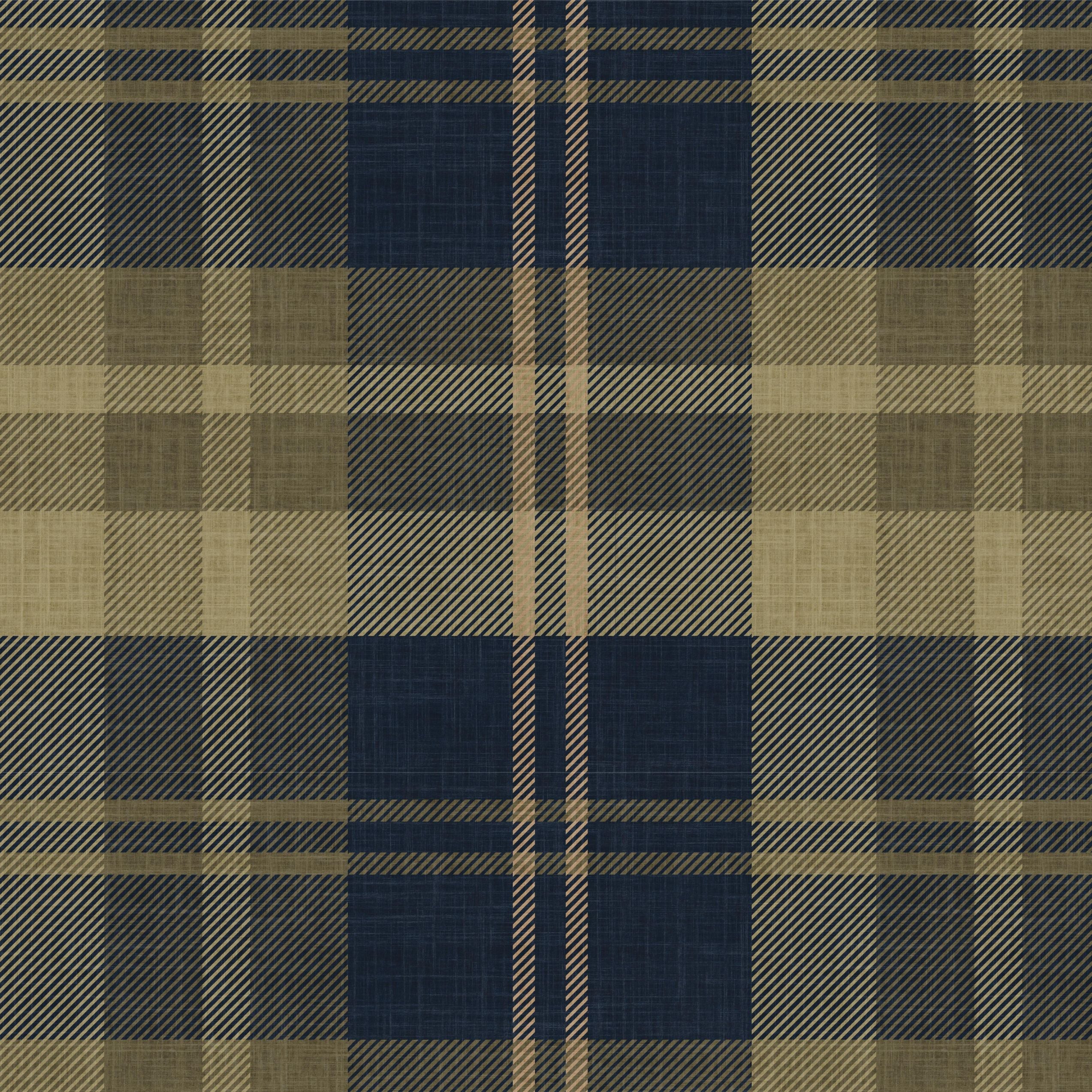 A close-up of a classic plaid fabric pattern featuring navy blue, beige, and brown stripes.