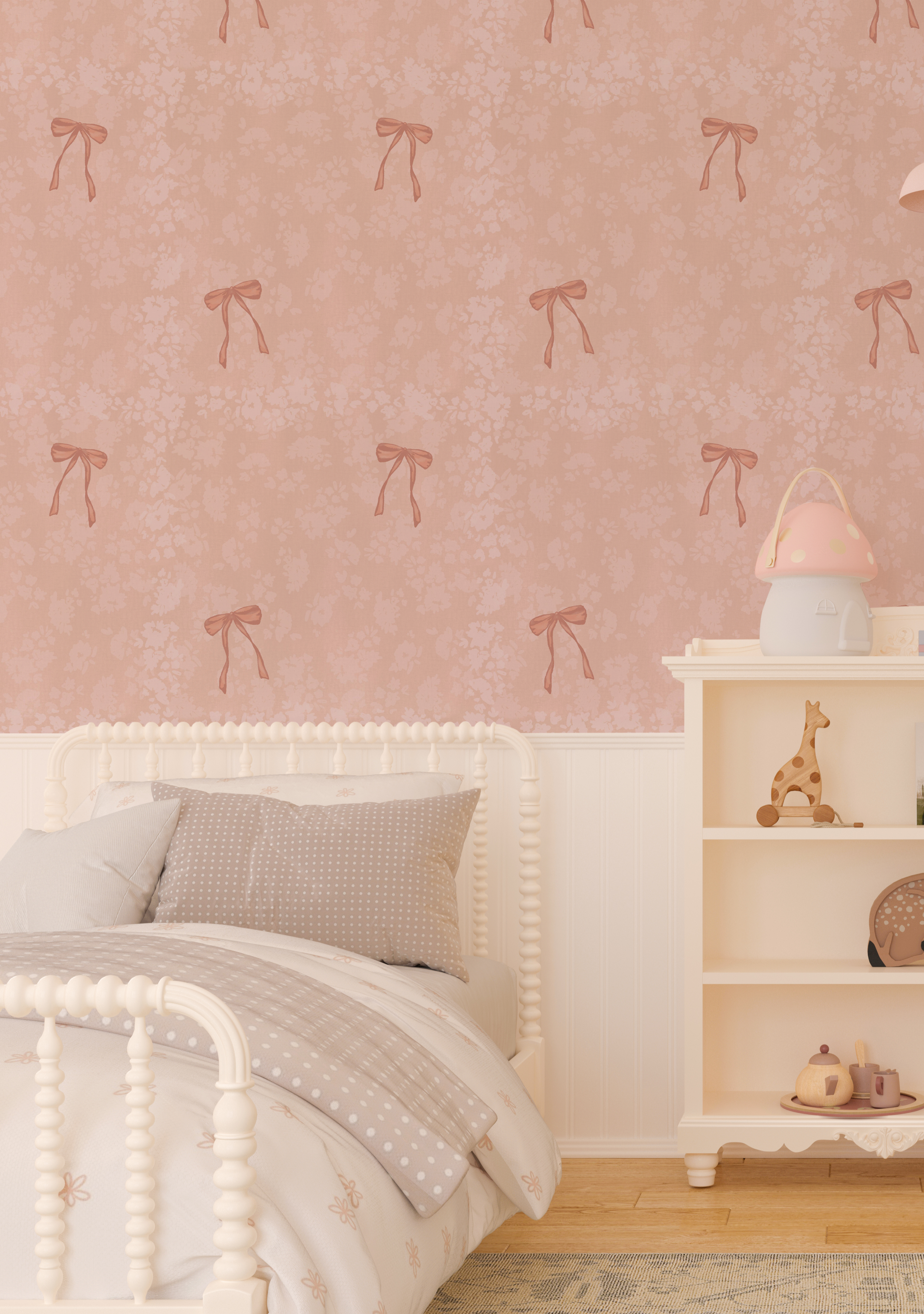 Soft pink bedroom featuring Pink Bow Vintage Wallpaper with floral pattern, white spindle bed, and neutral bedding.