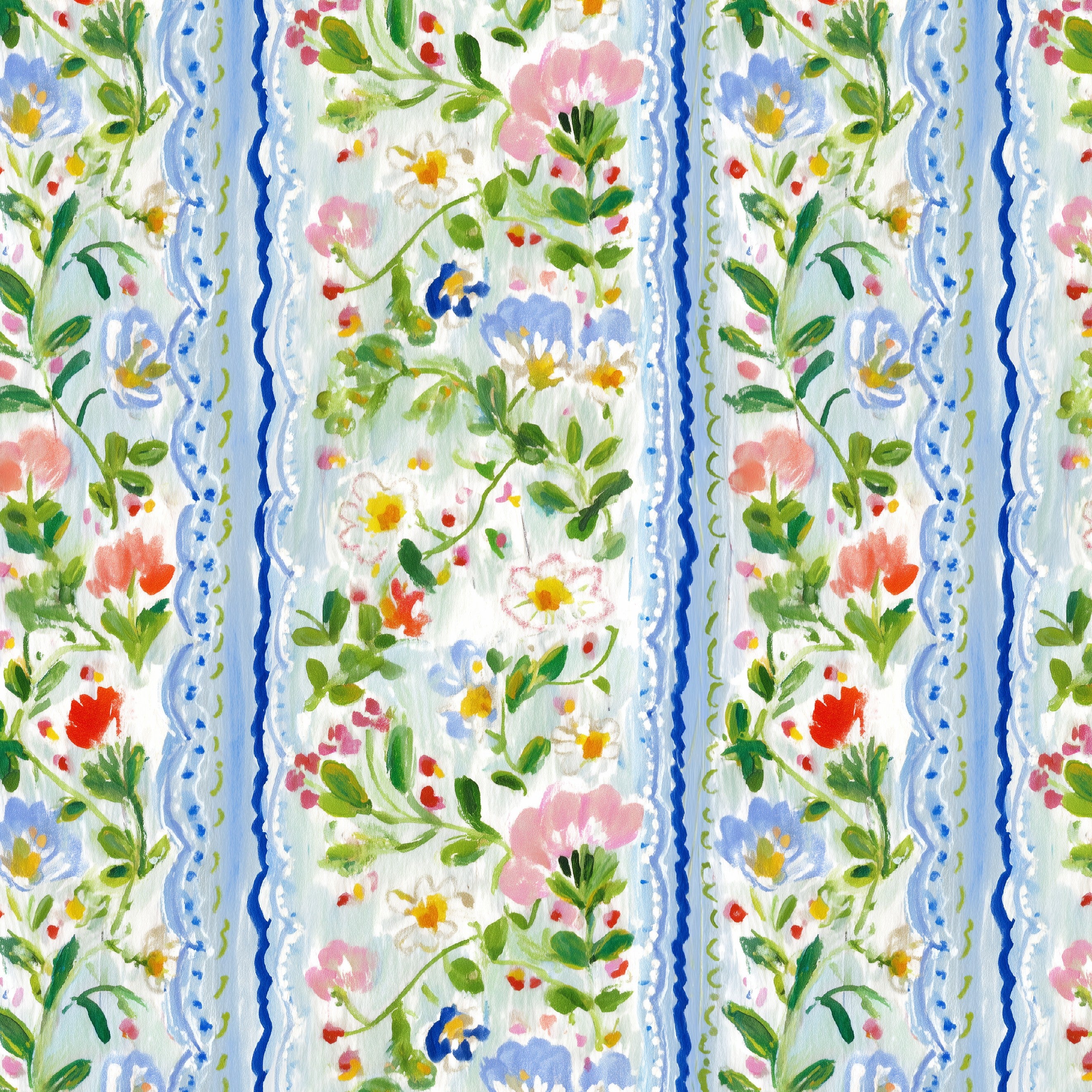 painted lace wallpaper showing watercolor florals and vertical blue stripe detail