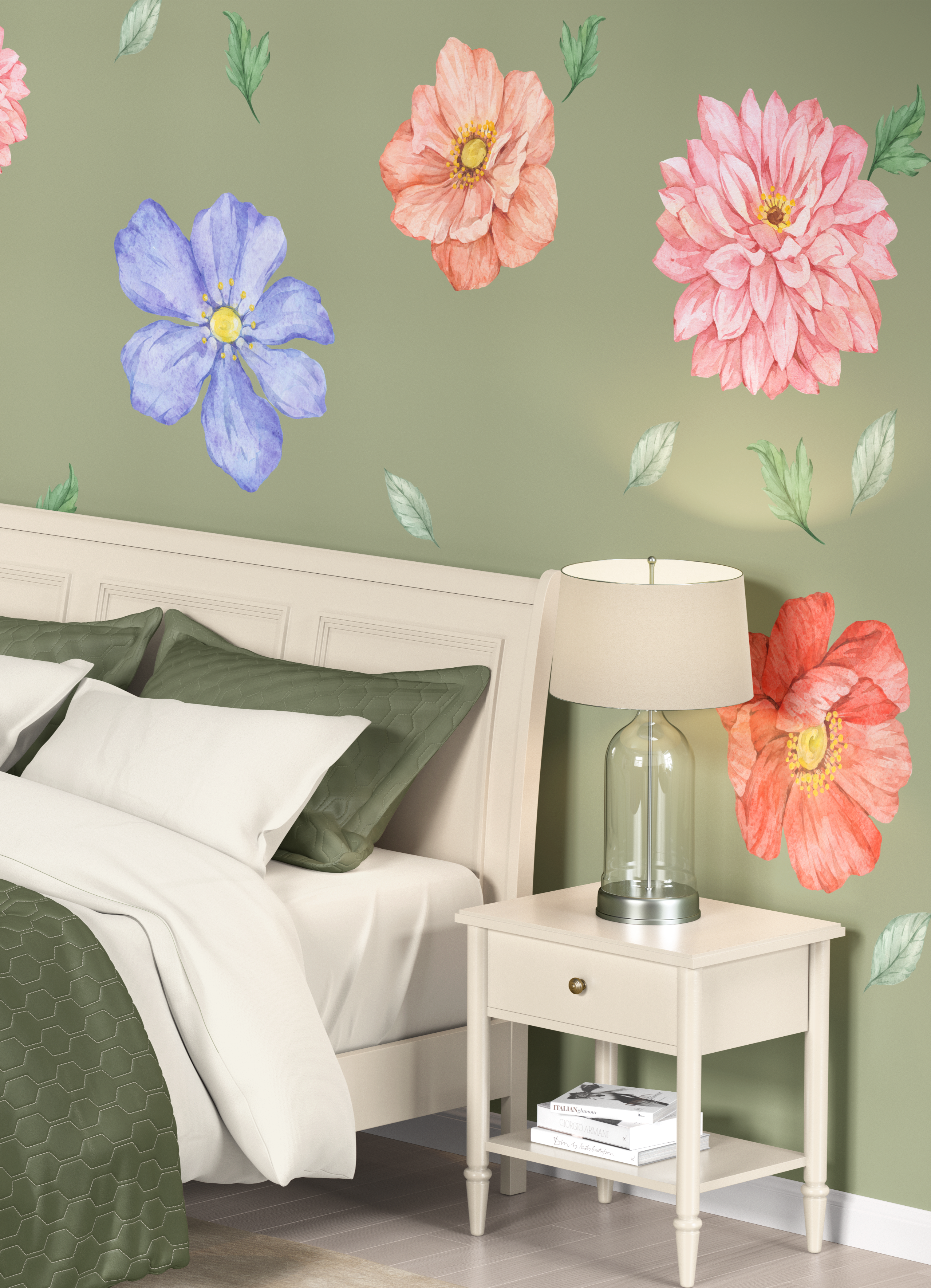 Large floral wall decals decorating a bedroom accent wall with pastel watercolor flowers and botanical leaves