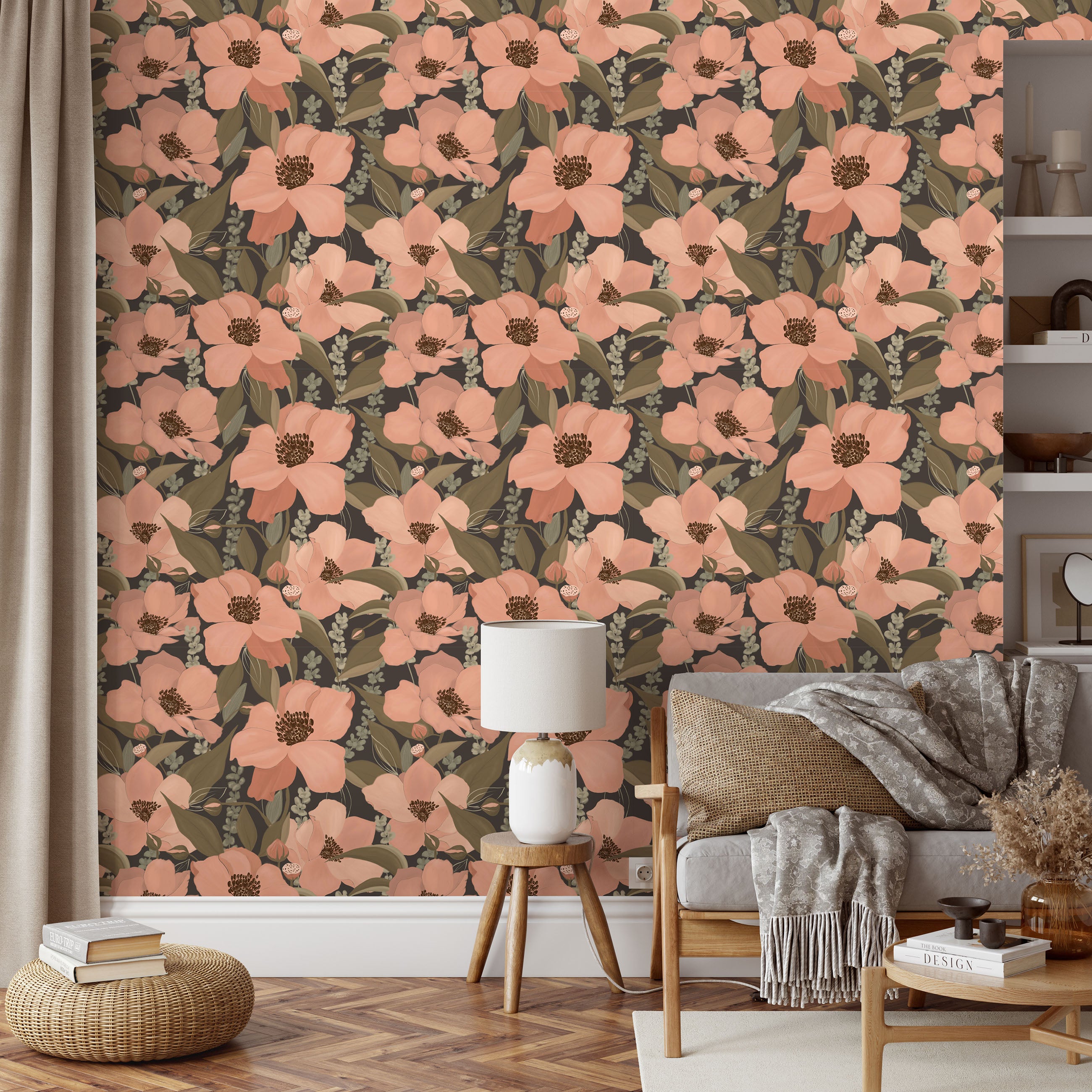 Peach anemone wallpaper styled in a cozy living room with neutral furniture and warm wood accents