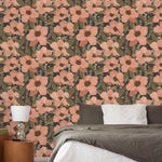 Bedroom with floral wallpaper featuring pink flowers on a green background