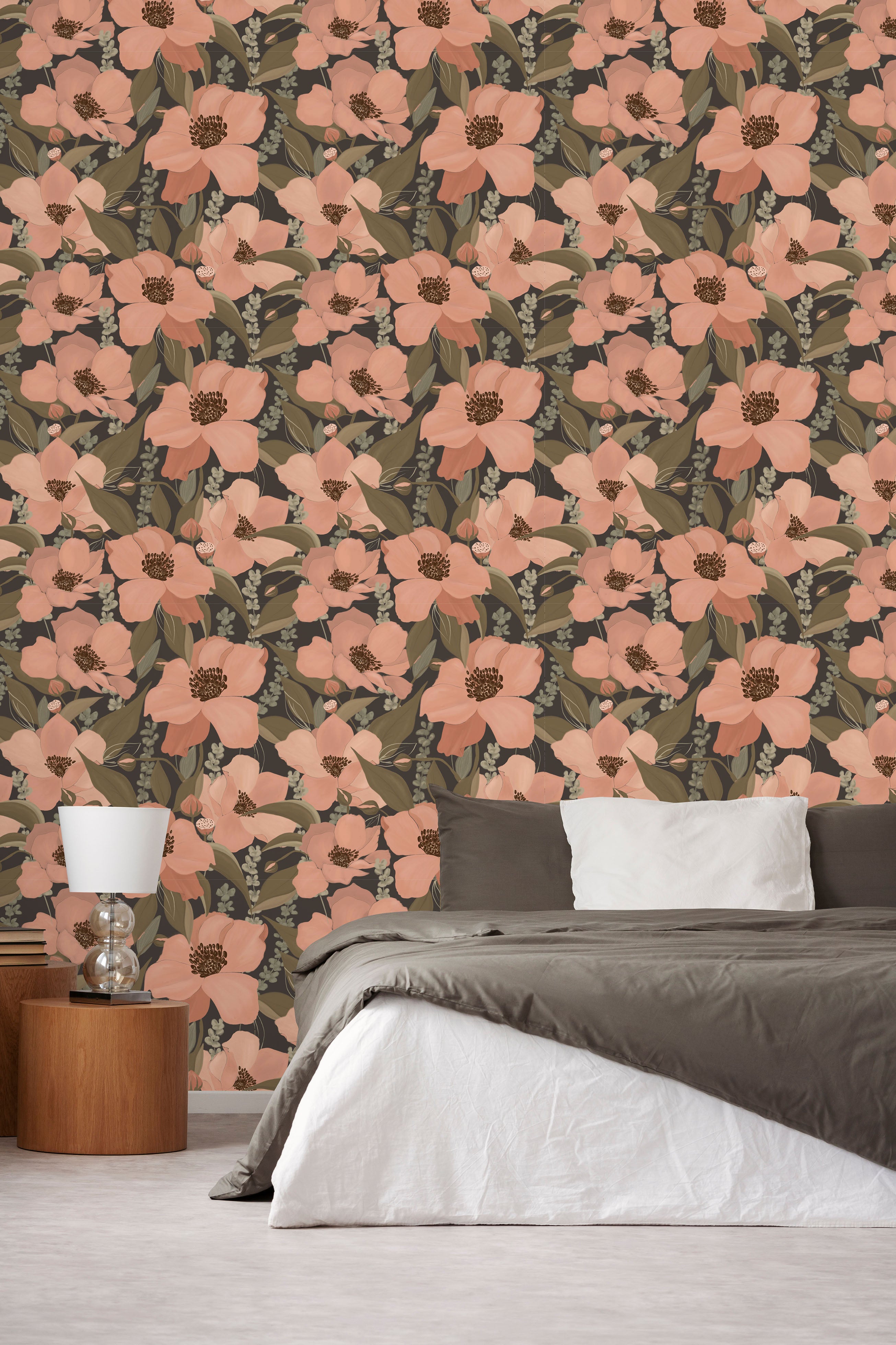 Bedroom with floral wallpaper featuring pink flowers on a green background