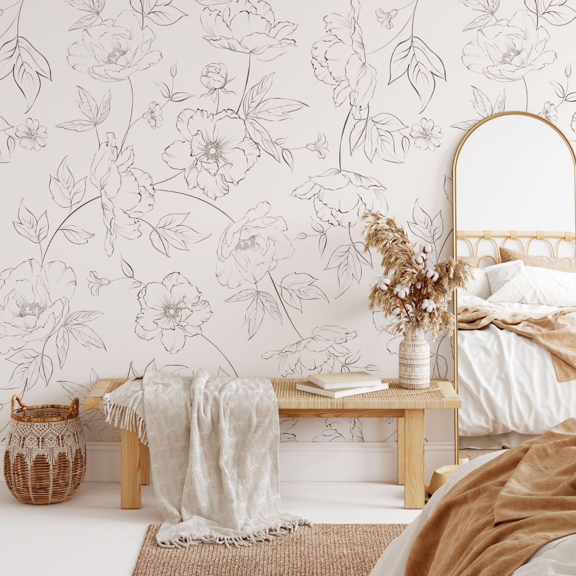 Peony floral removable wallpaper, neutral peel and stick wallpaper